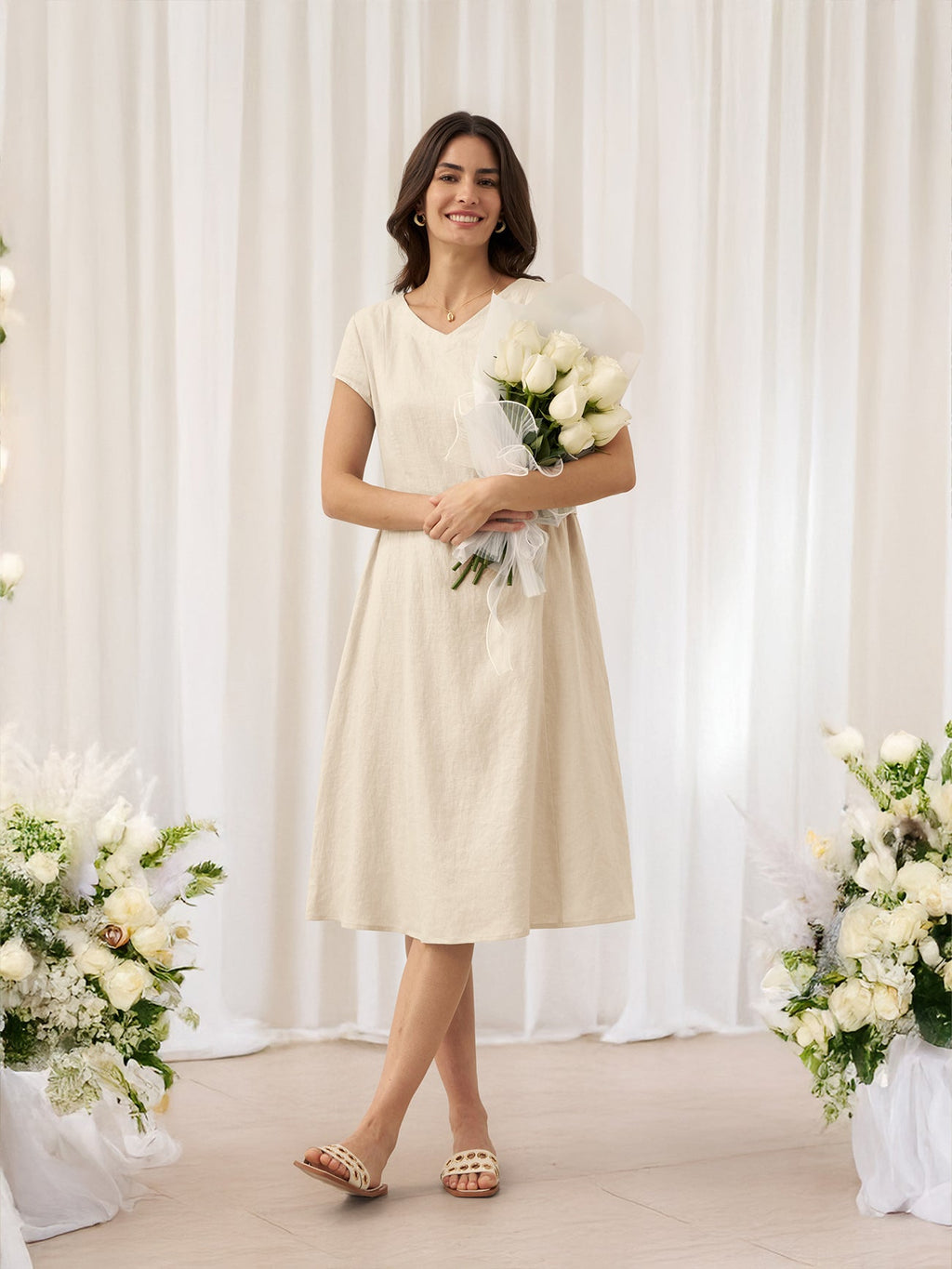 ALEXA 100% Linen V-Neck Midi Dress with Waist Pleats