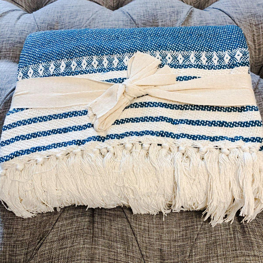 Waverly Woven Cotton Throw Blanket - Blue Cream Stripe