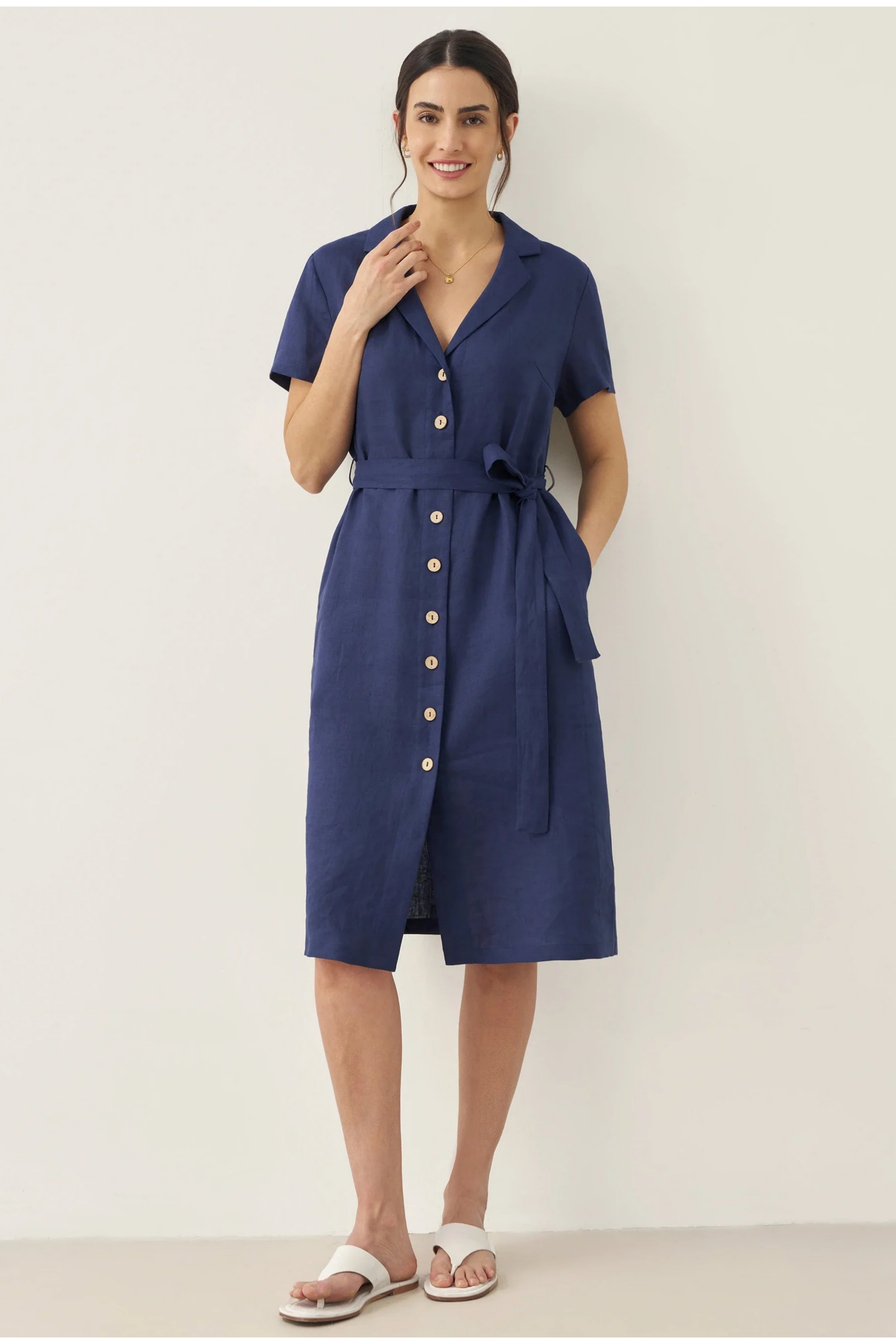 100% Linen V-Neck Button-Front Shirt Dress EILEEN