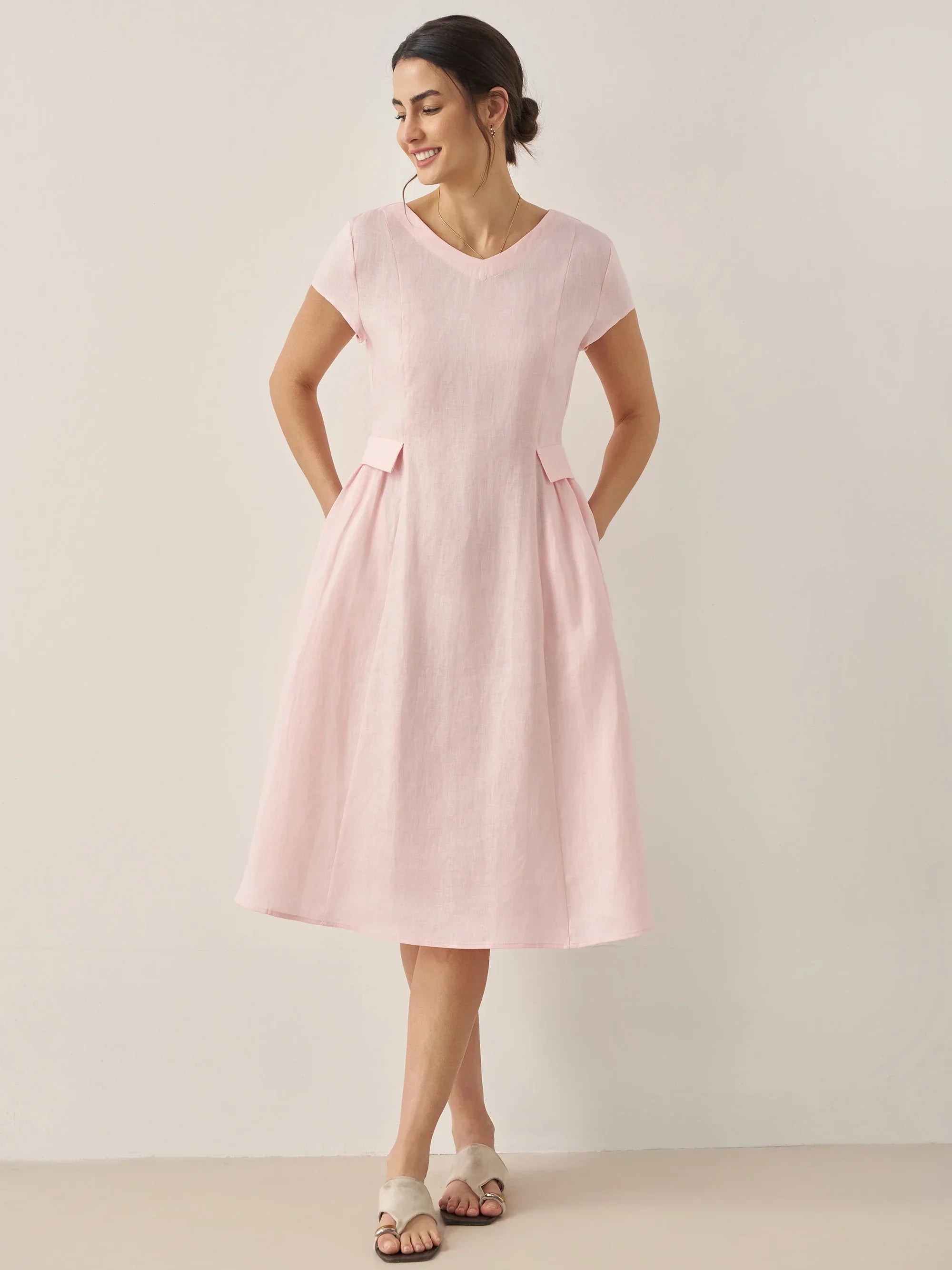 ALEXA 100% Linen V-Neck Midi Dress with Waist Pleats