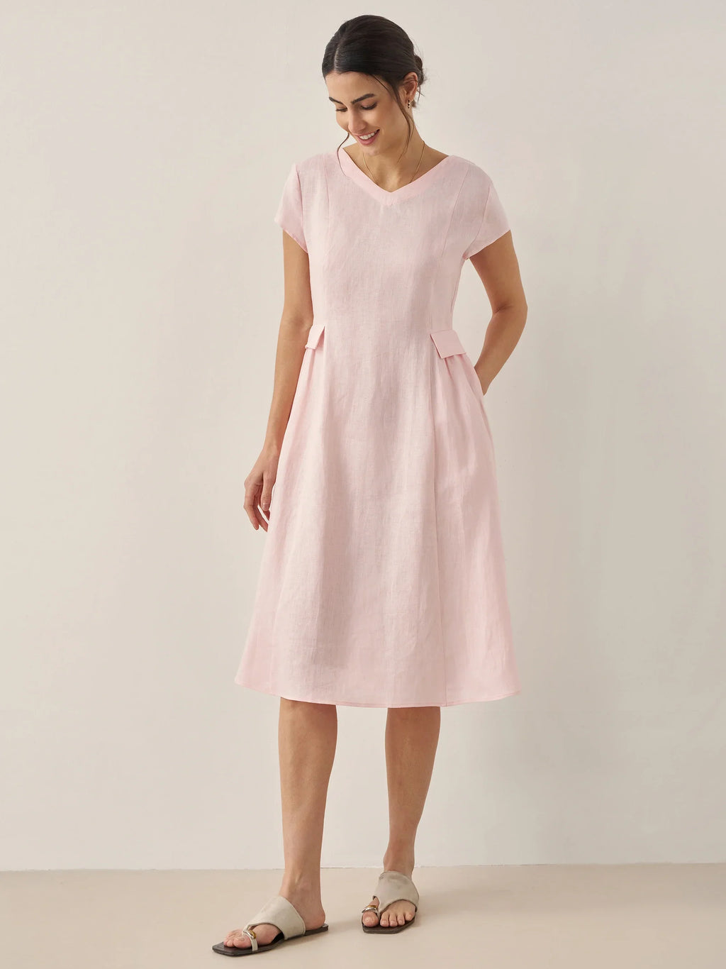 ALEXA 100% Linen V-Neck Midi Dress with Waist Pleats