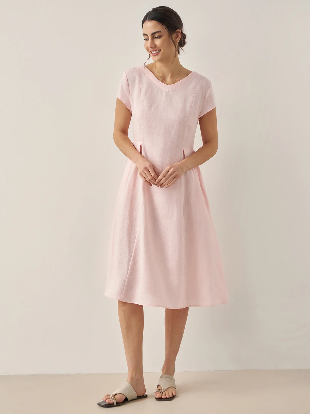 ALEXA 100% Linen V-Neck Midi Dress with Waist Pleats