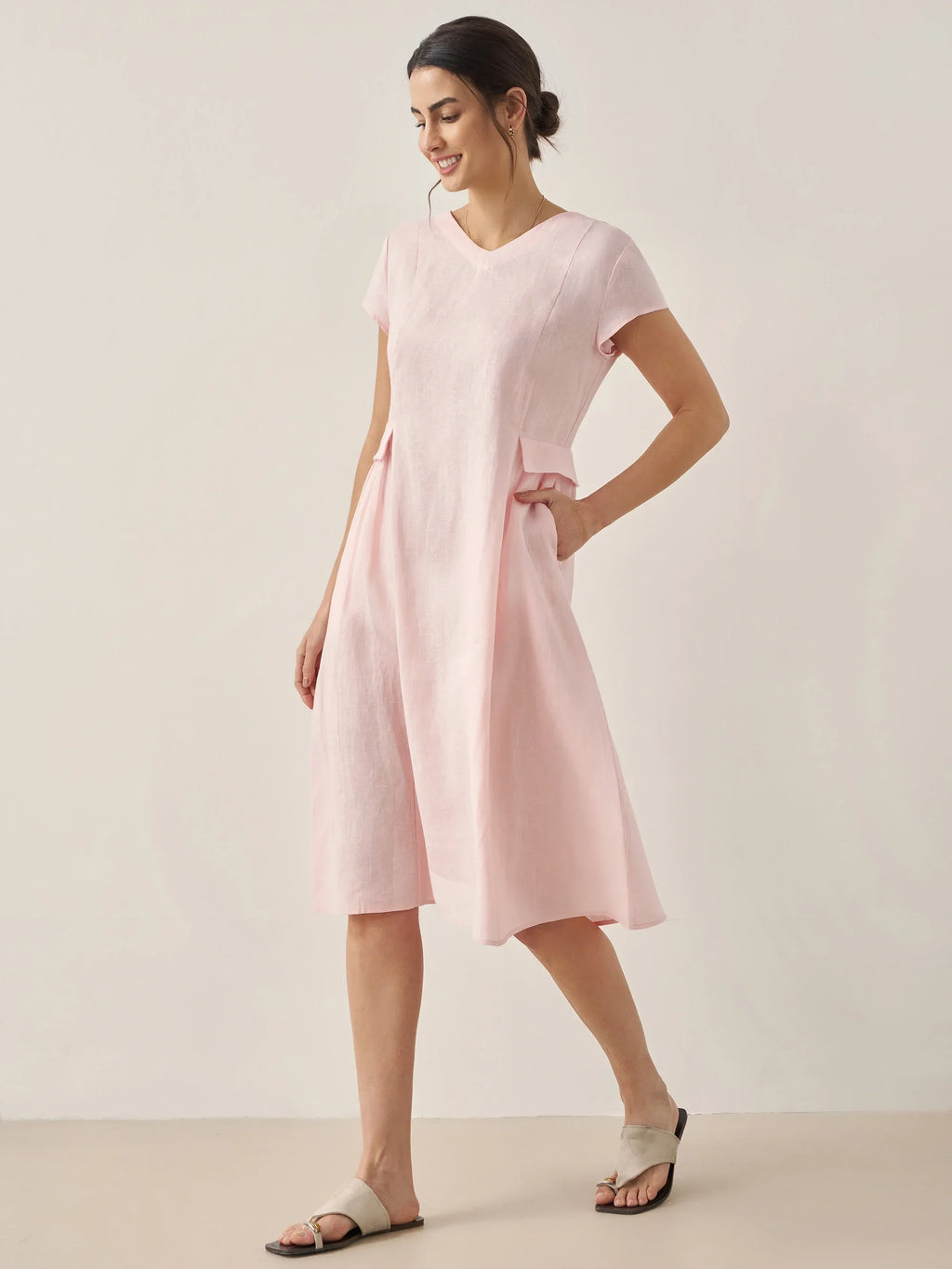 ALEXA 100% Linen V-Neck Midi Dress with Waist Pleats