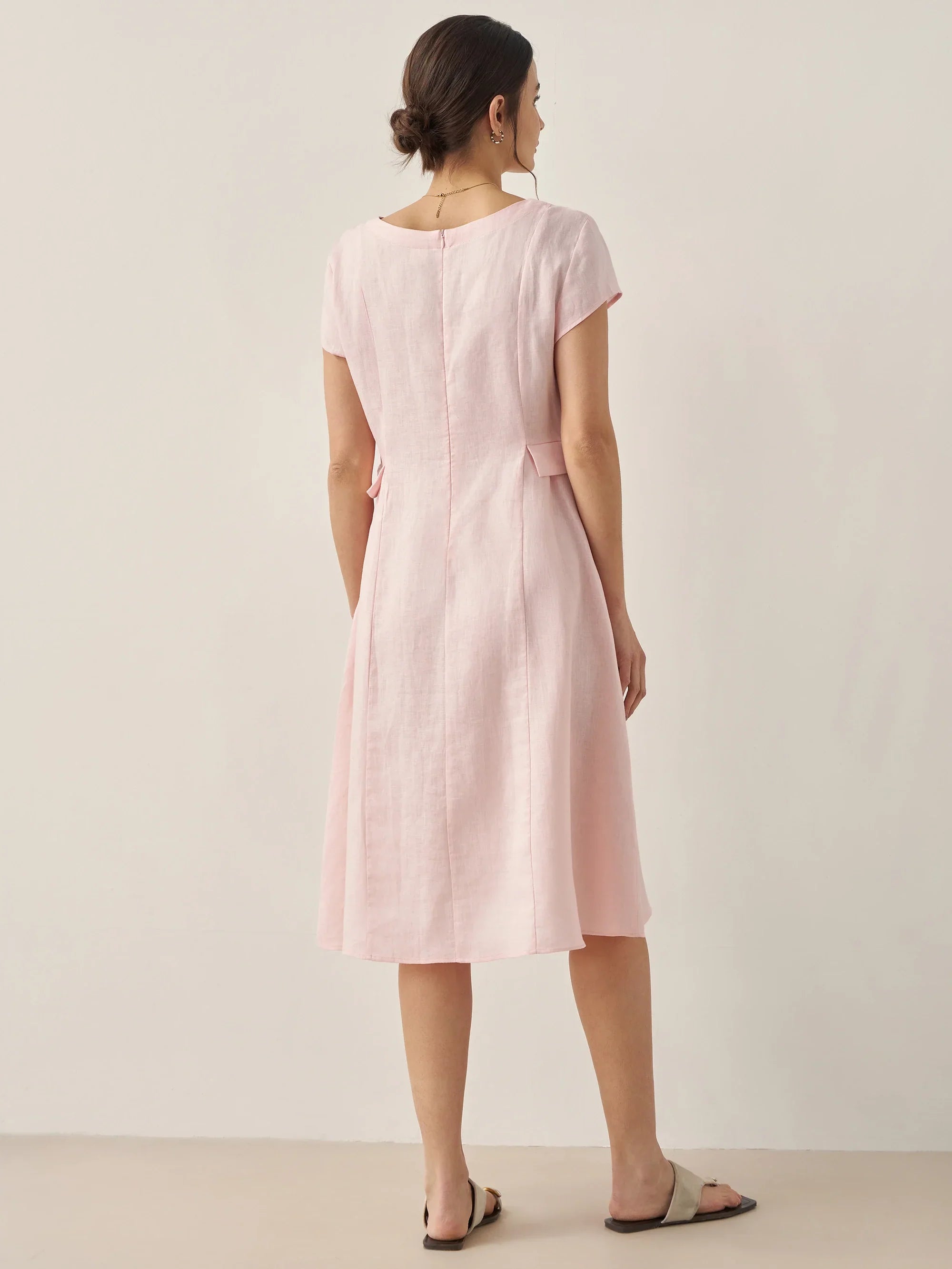 ALEXA 100% Linen V-Neck Midi Dress with Waist Pleats