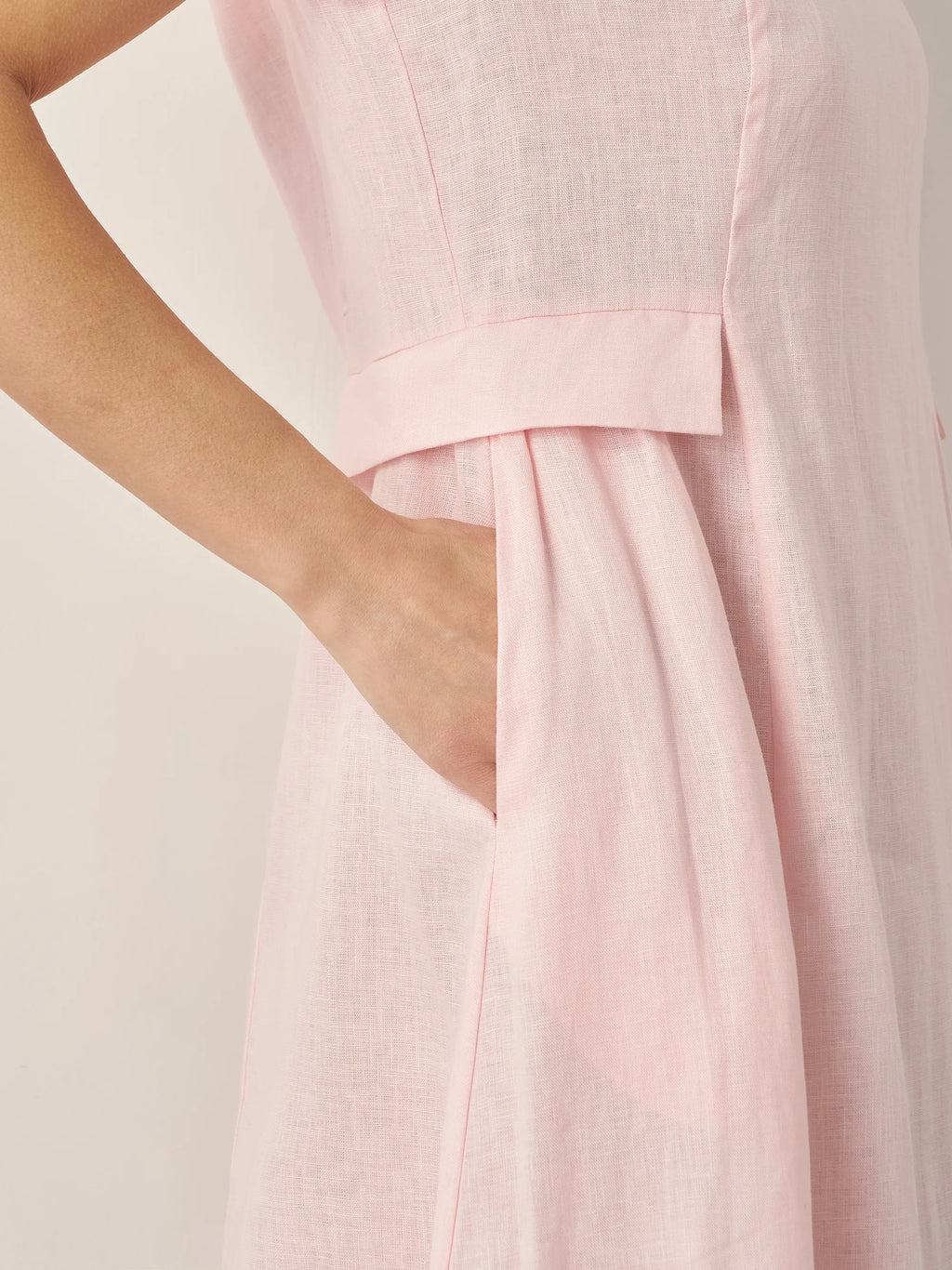 ALEXA 100% Linen V-Neck Midi Dress with Waist Pleats