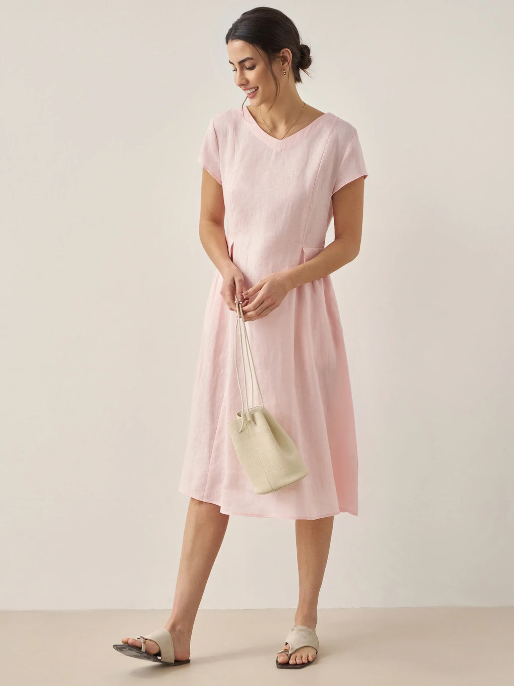 ALEXA 100% Linen V-Neck Midi Dress with Waist Pleats