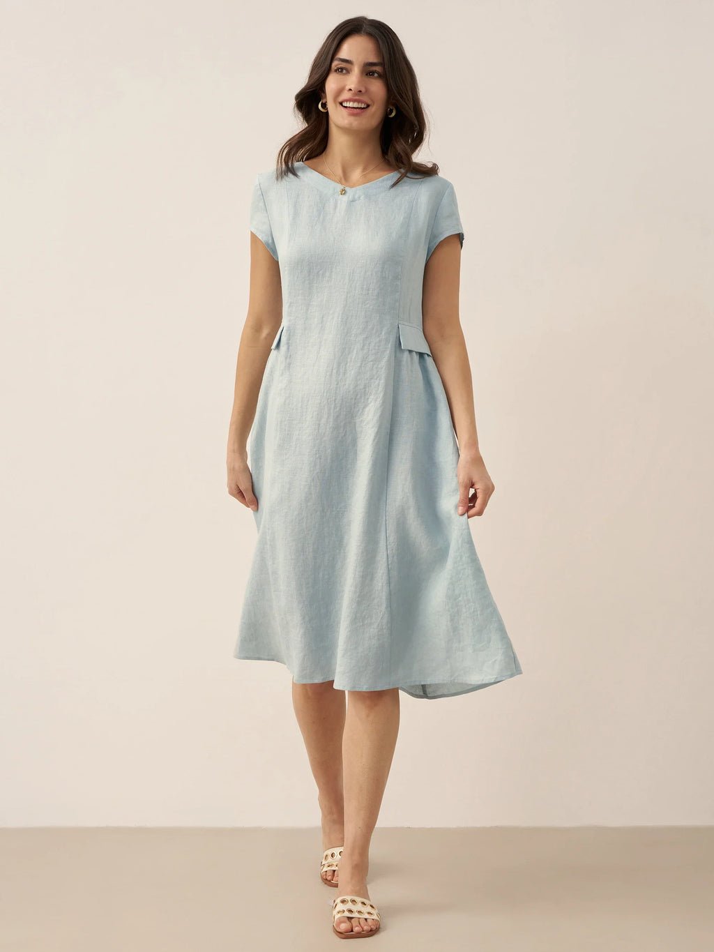 ALEXA 100% Linen V-Neck Midi Dress with Waist Pleats