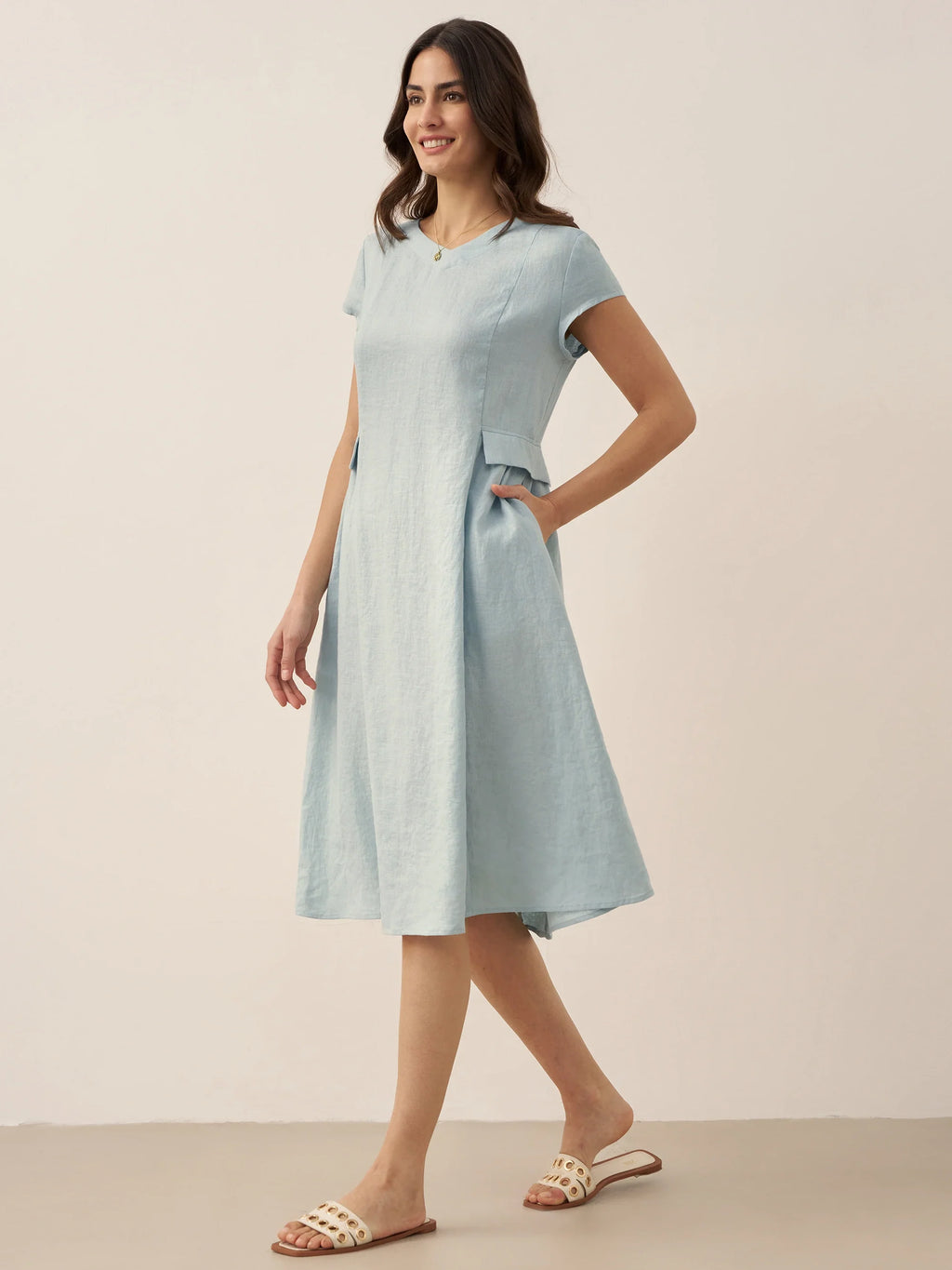 ALEXA 100% Linen V-Neck Midi Dress with Waist Pleats