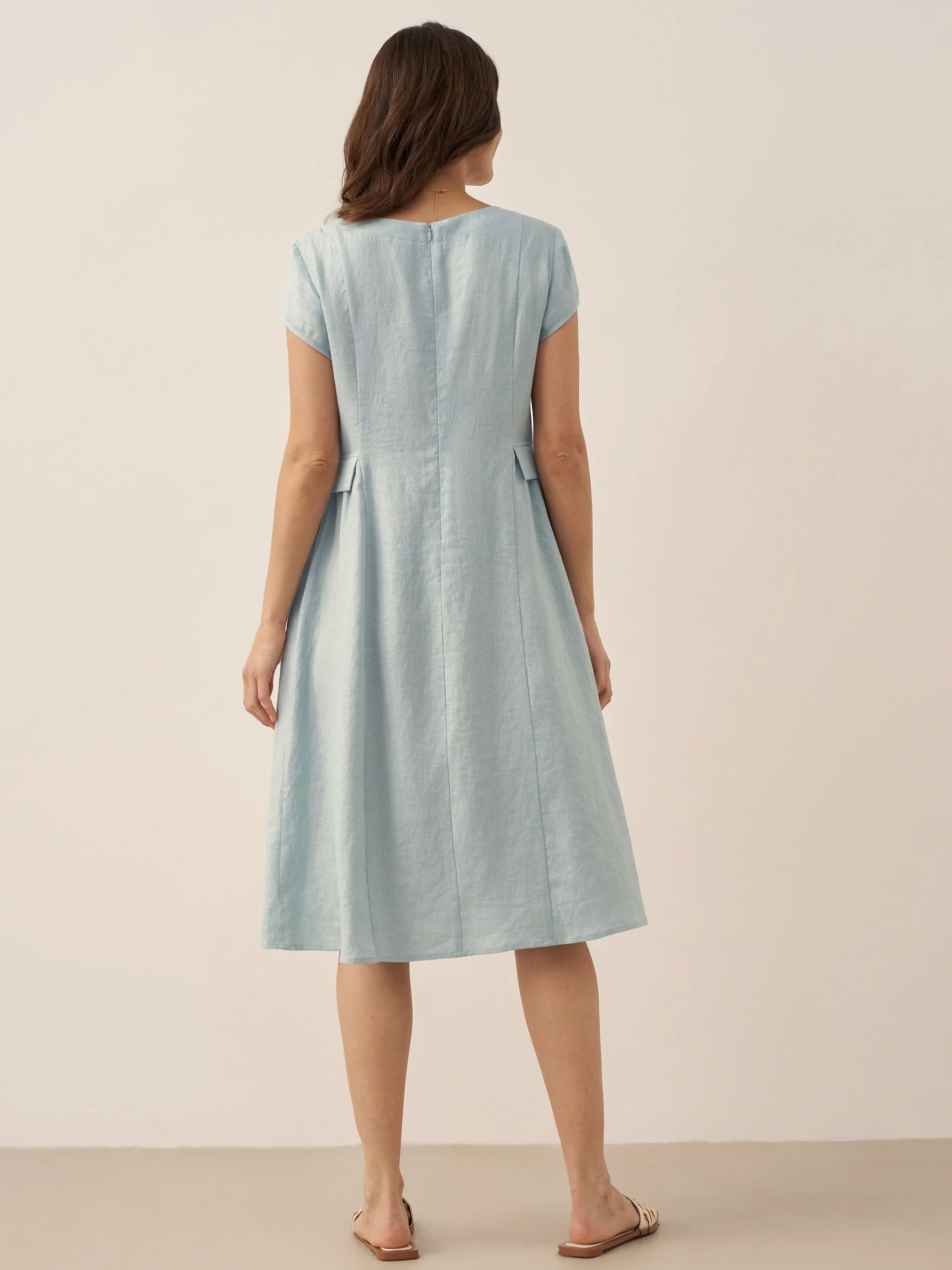 ALEXA 100% Linen V-Neck Midi Dress with Waist Pleats