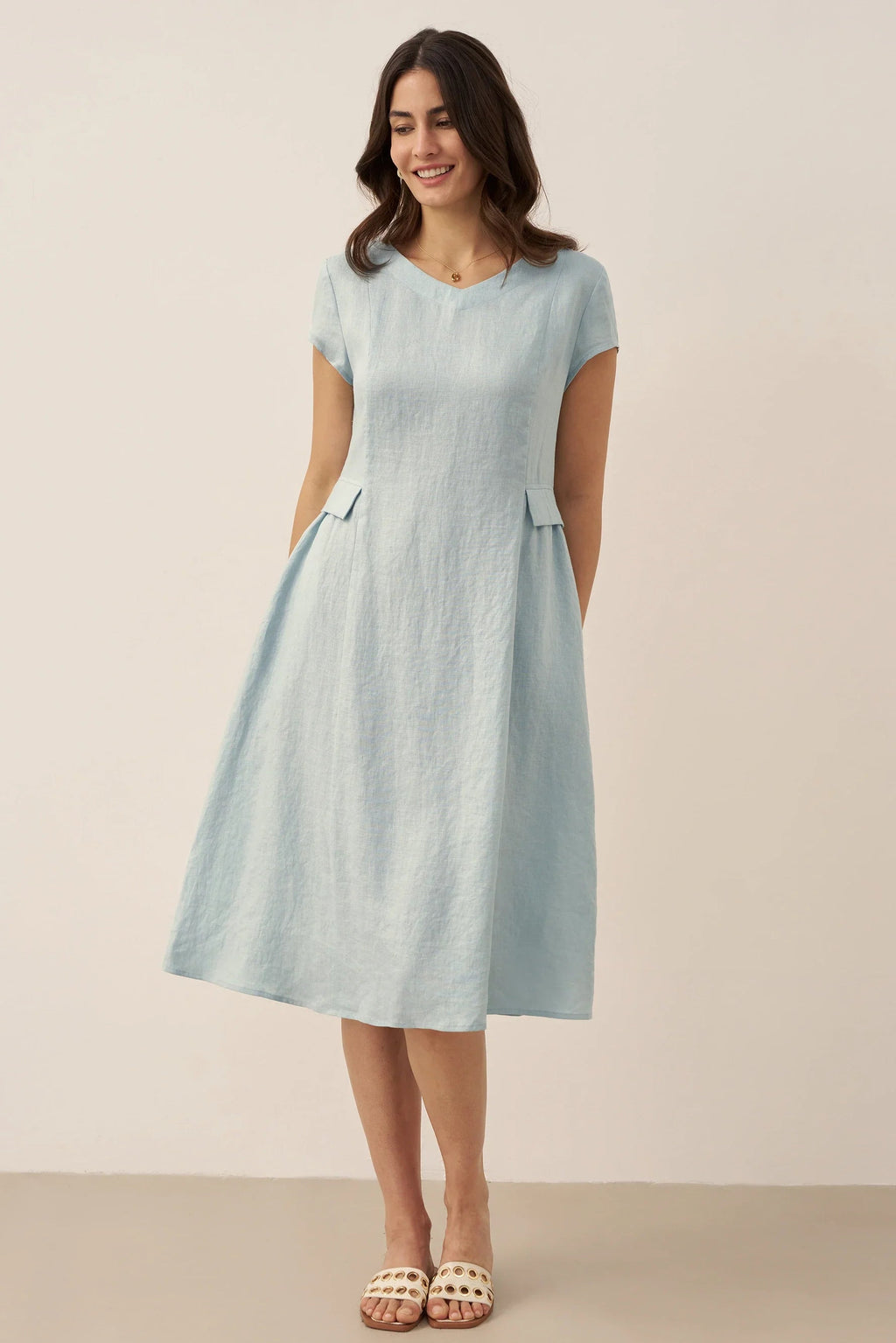 ALEXA 100% Linen V-Neck Midi Dress with Waist Pleats