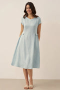 ALEXA 100% Linen V-Neck Midi Dress with Waist Pleats