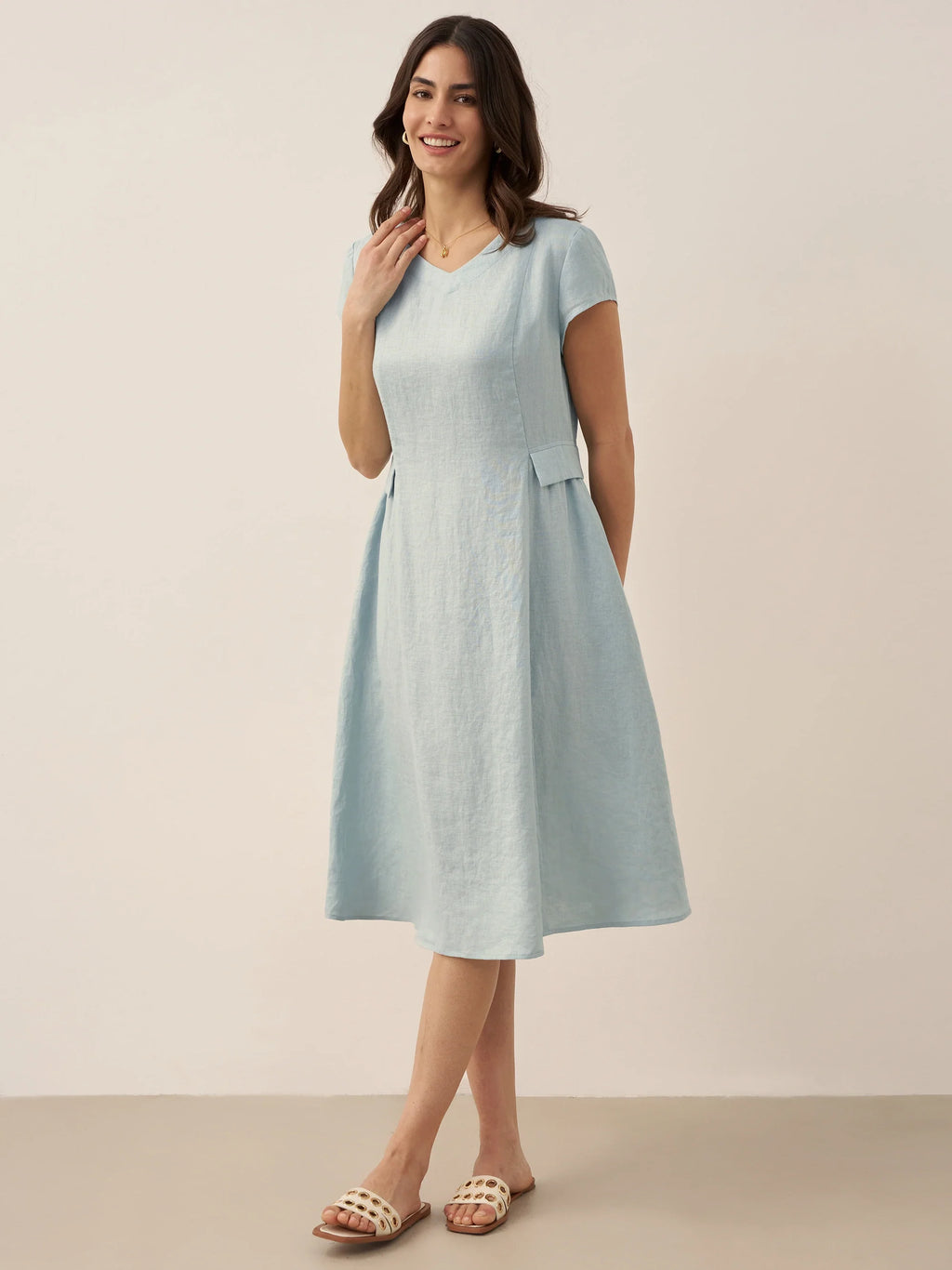 ALEXA 100% Linen V-Neck Midi Dress with Waist Pleats
