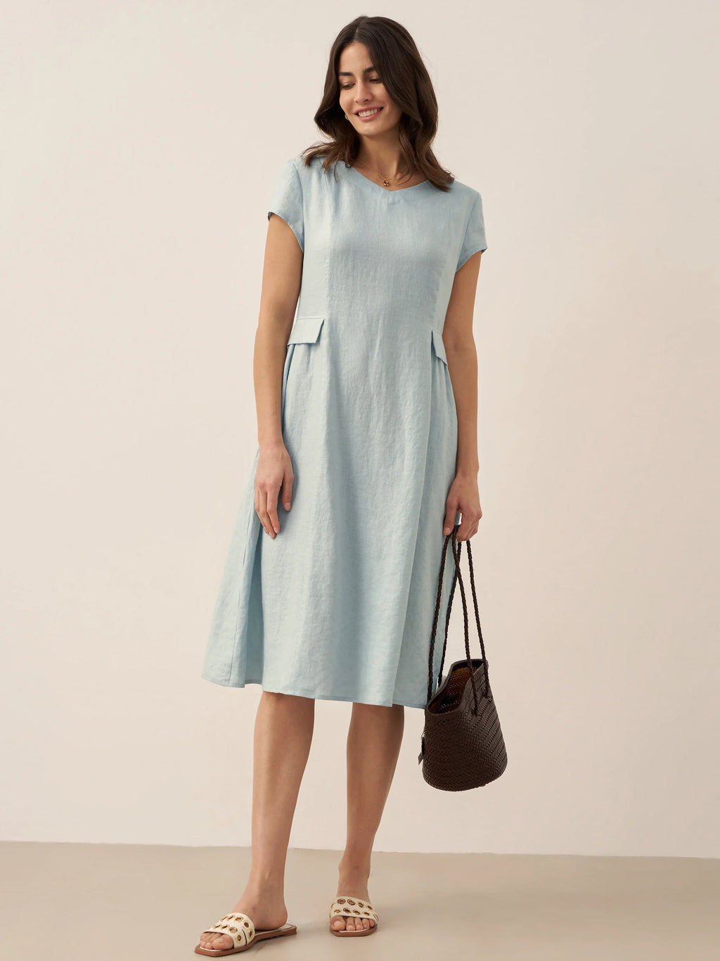 ALEXA 100% Linen V-Neck Midi Dress with Waist Pleats