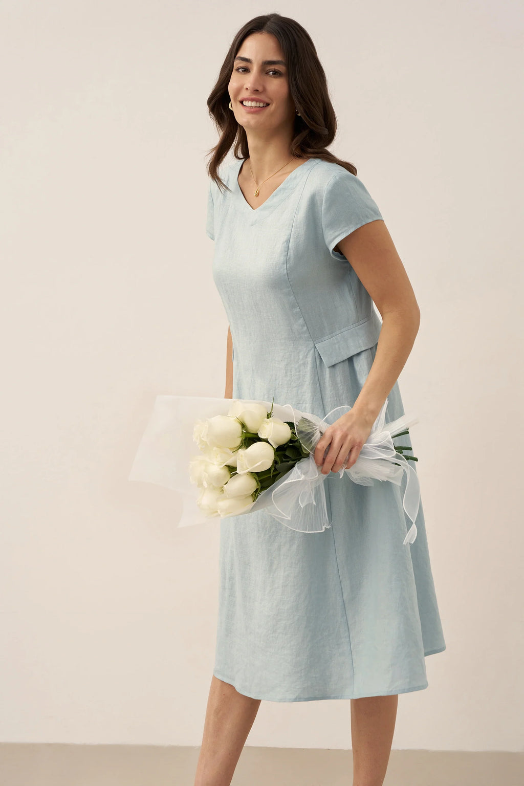 ALEXA 100% Linen V-Neck Midi Dress with Waist Pleats