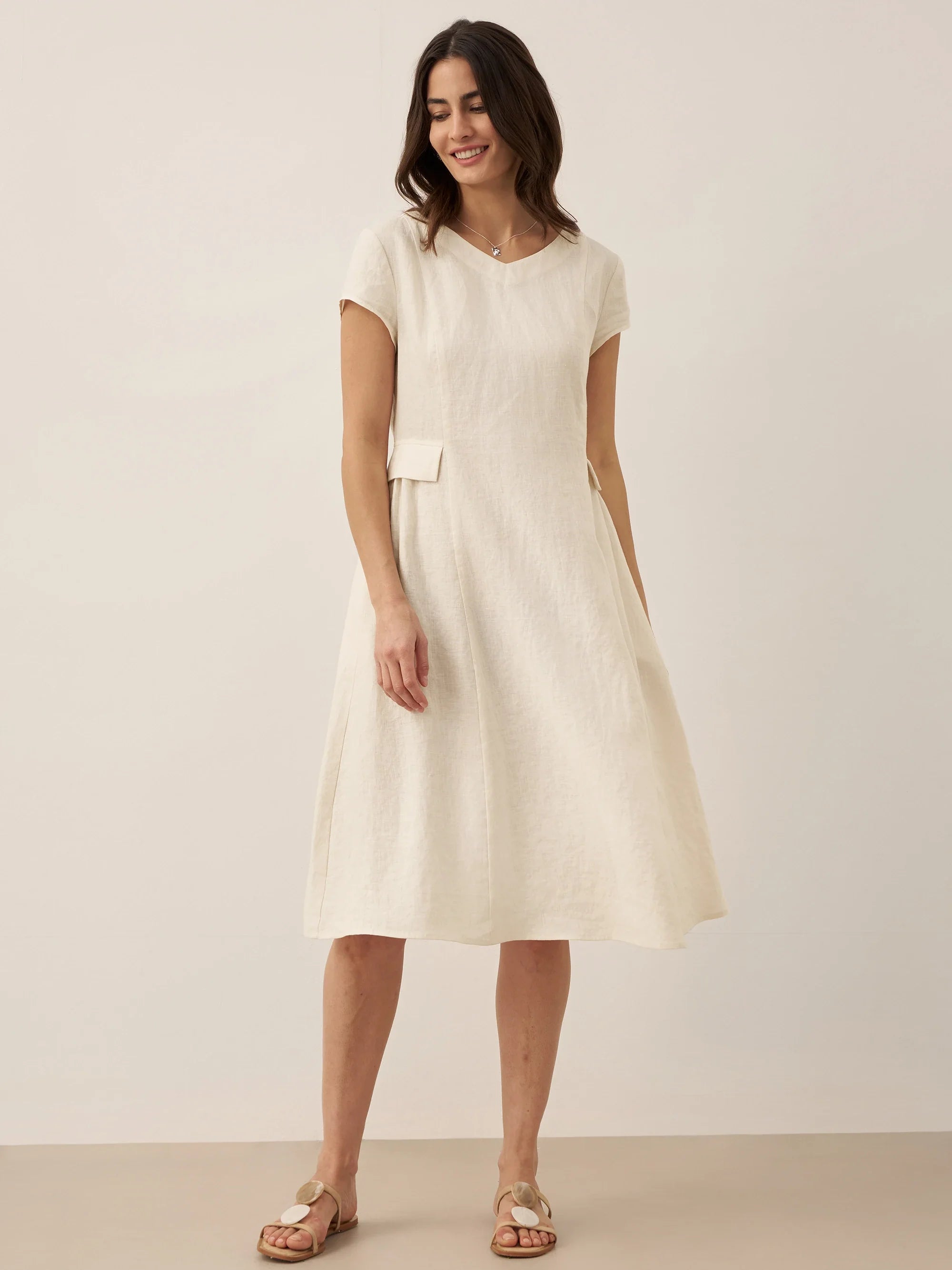 ALEXA 100% Linen V-Neck Midi Dress with Waist Pleats