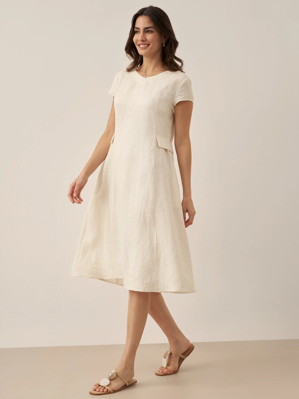 ALEXA 100% Linen V-Neck Midi Dress with Waist Pleats
