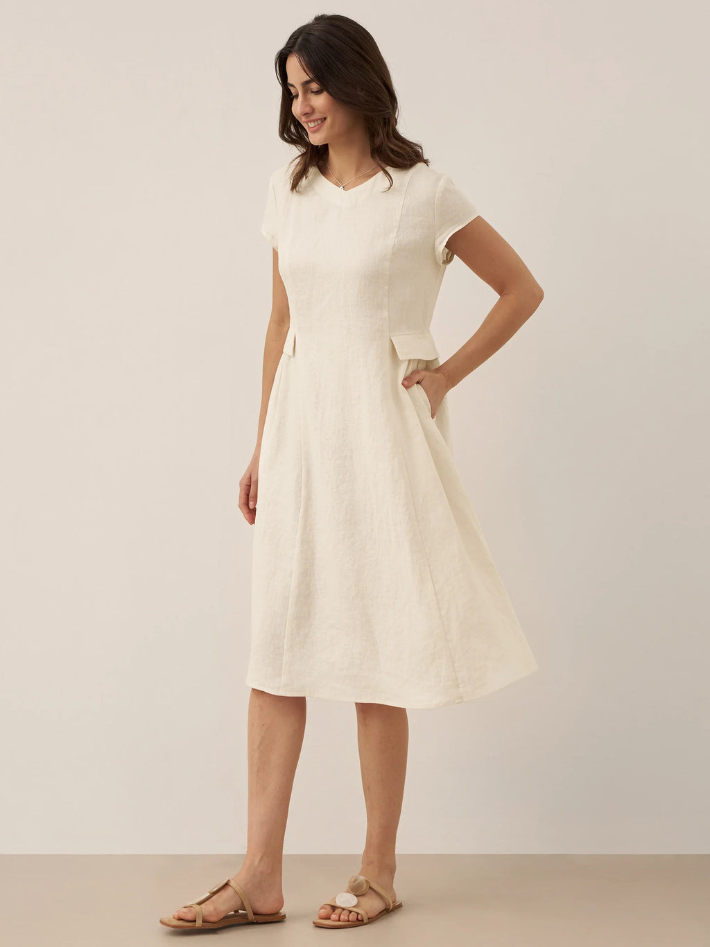 ALEXA 100% Linen V-Neck Midi Dress with Waist Pleats