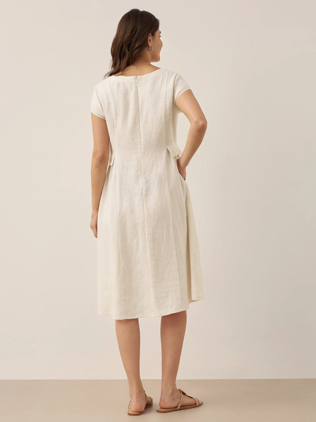 ALEXA 100% Linen V-Neck Midi Dress with Waist Pleats