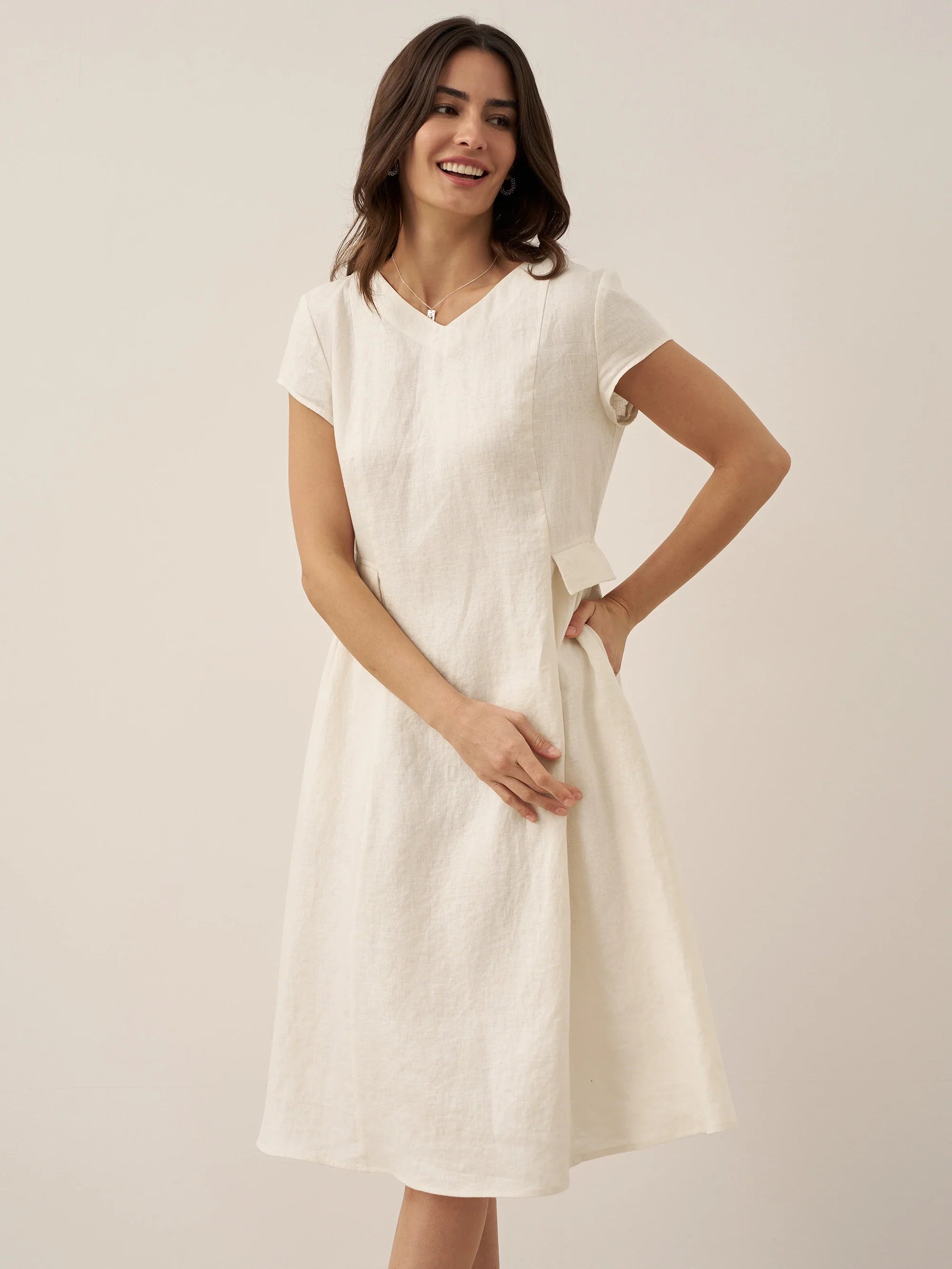 ALEXA 100% Linen V-Neck Midi Dress with Waist Pleats