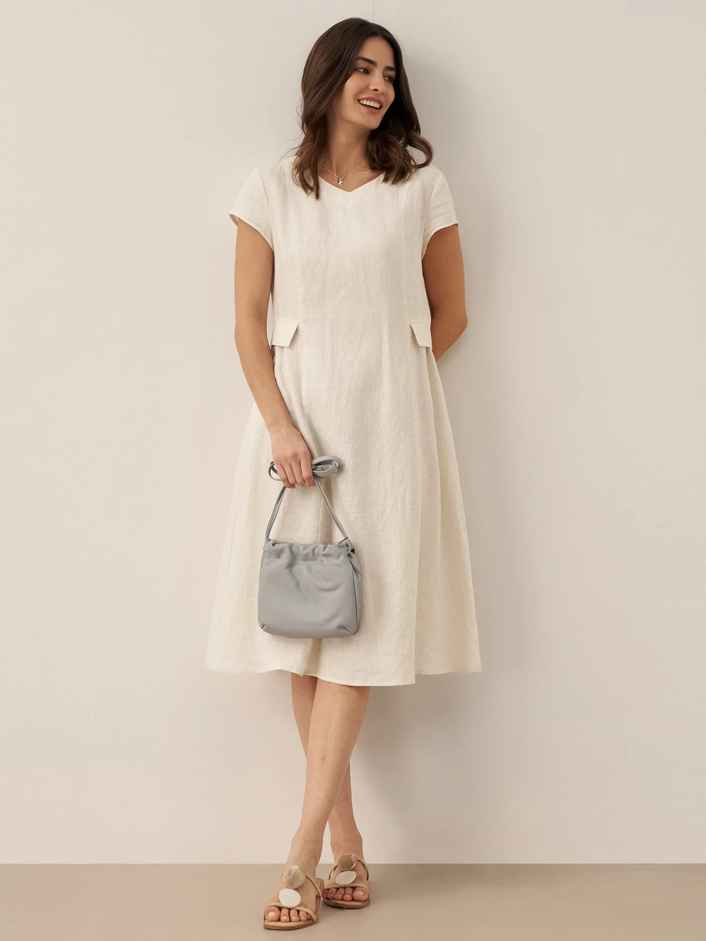 ALEXA 100% Linen V-Neck Midi Dress with Waist Pleats