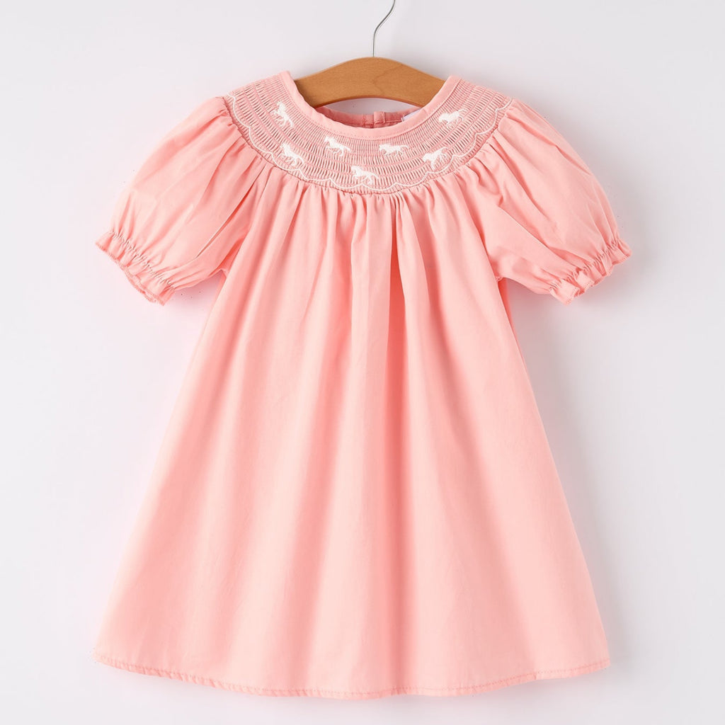 Girls Coral Horse Smocked Embroidered Dress - 100% Cotton