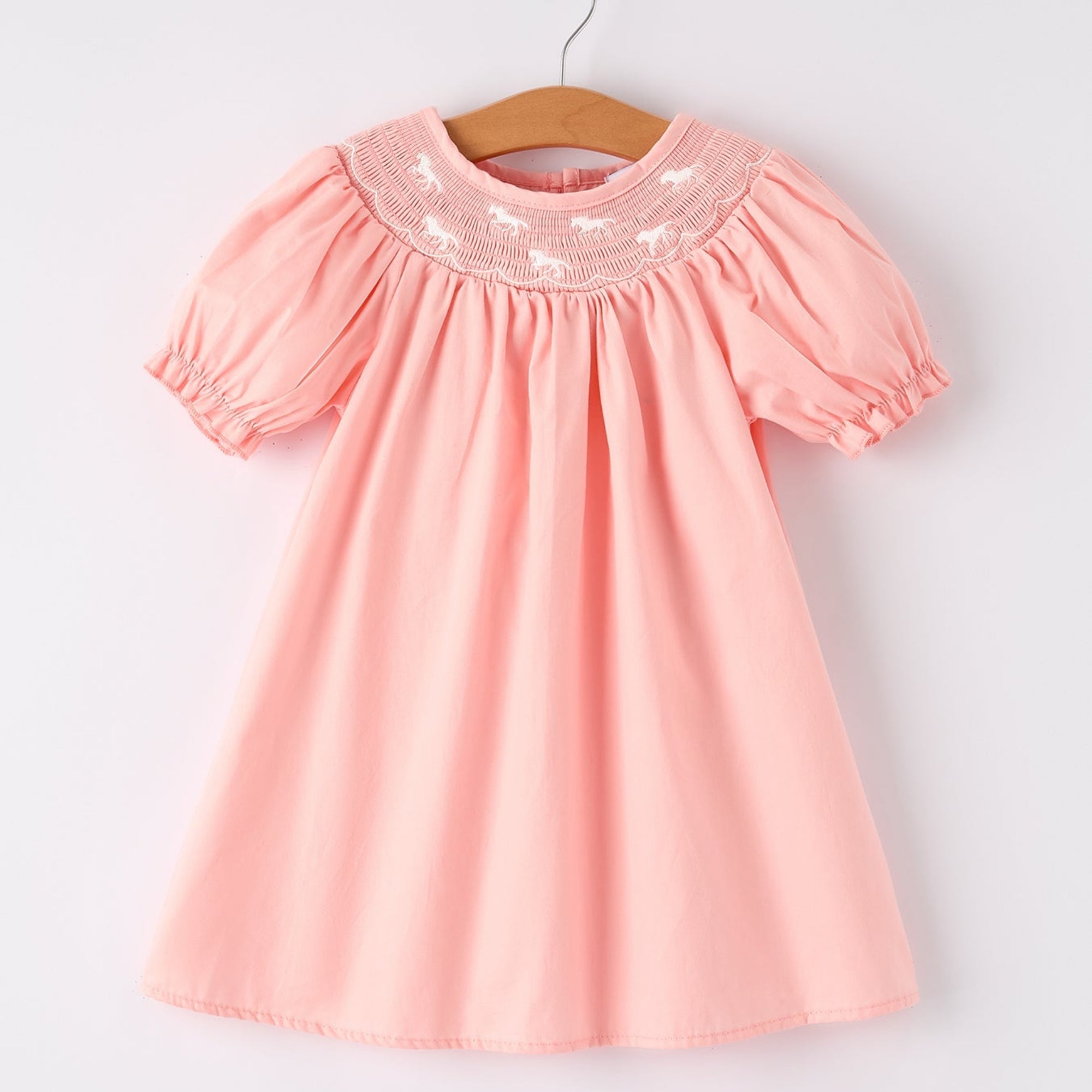 Girls Coral Horse Smocked Embroidered Dress - 100% Cotton