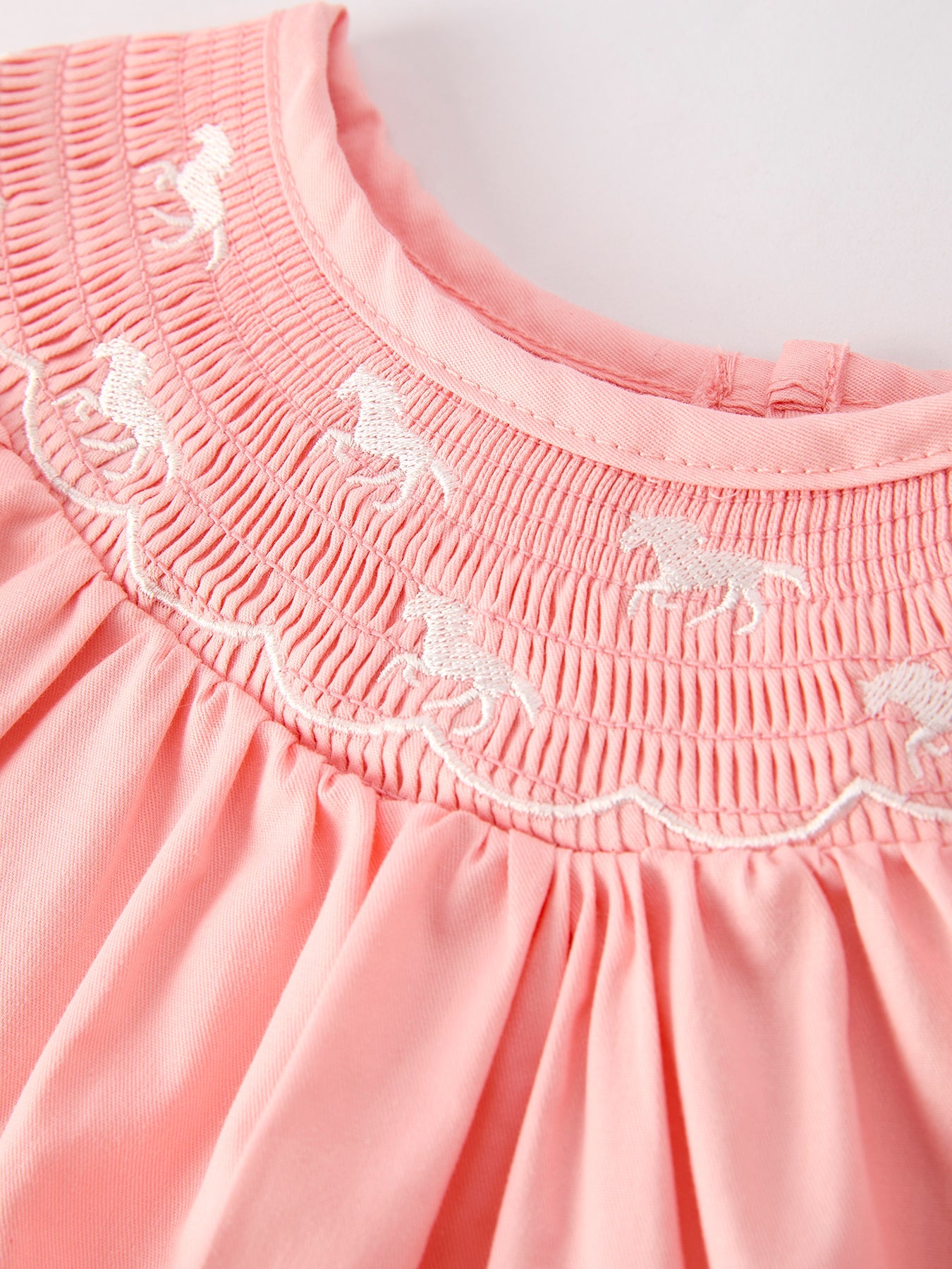 Girls Coral Horse Smocked Embroidered Dress - 100% Cotton