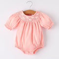 Girls Coral Horse Smocked Embroidered Romper - 100% Cotton