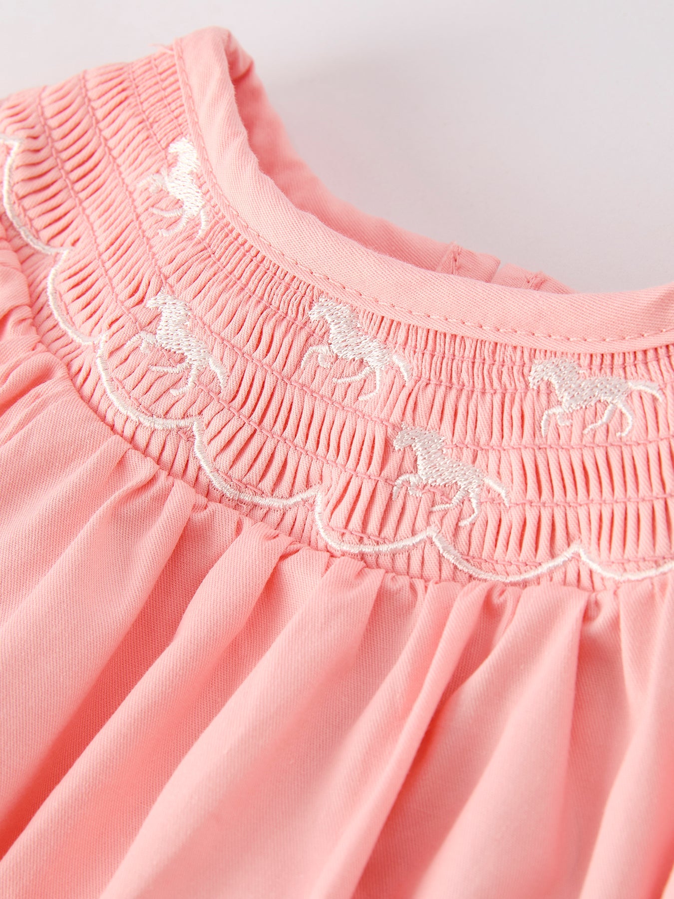 Girls Coral Horse Smocked Embroidered Romper - 100% Cotton