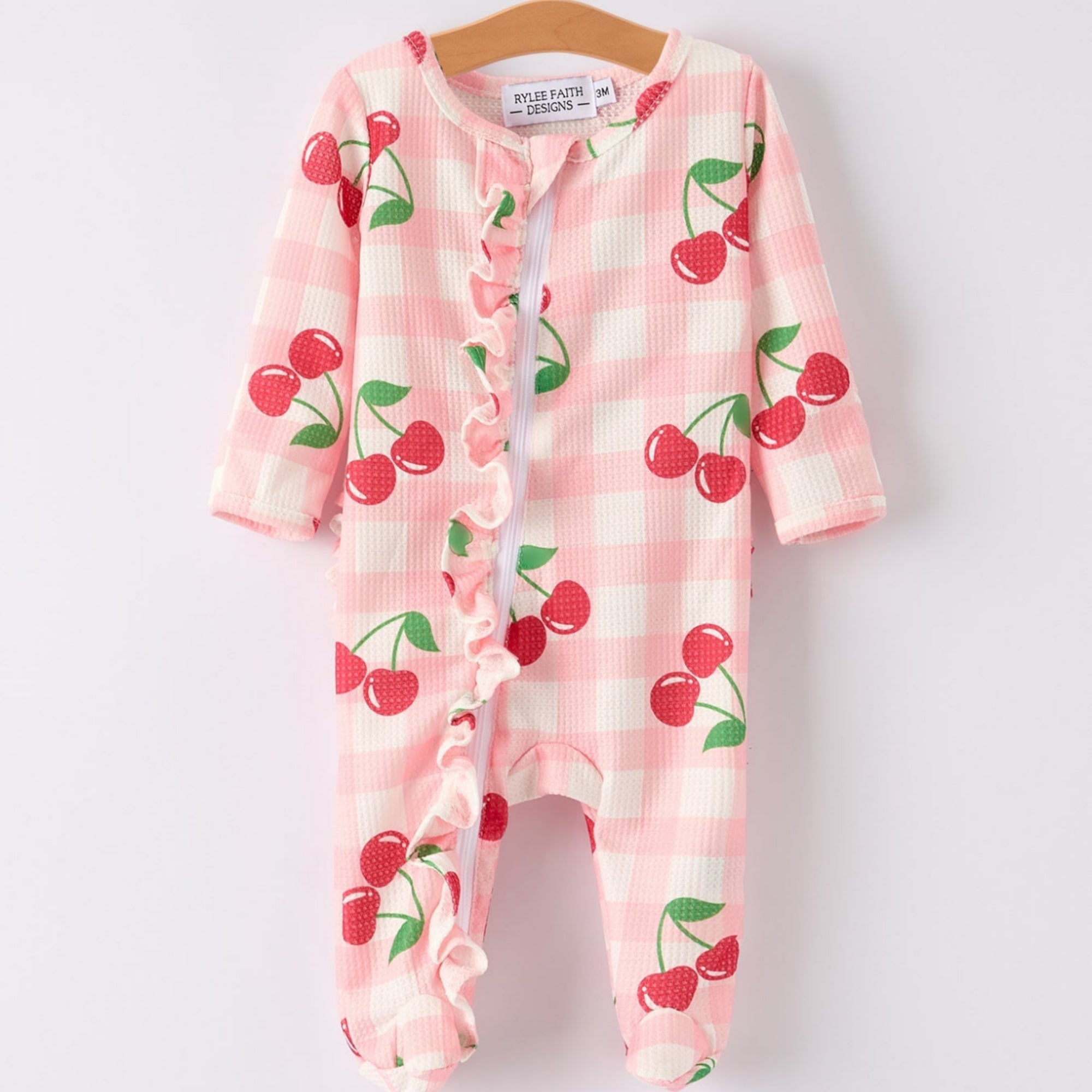 Girls Waffle Cherry Plaid Romper - Cozy One-Piece Outfit