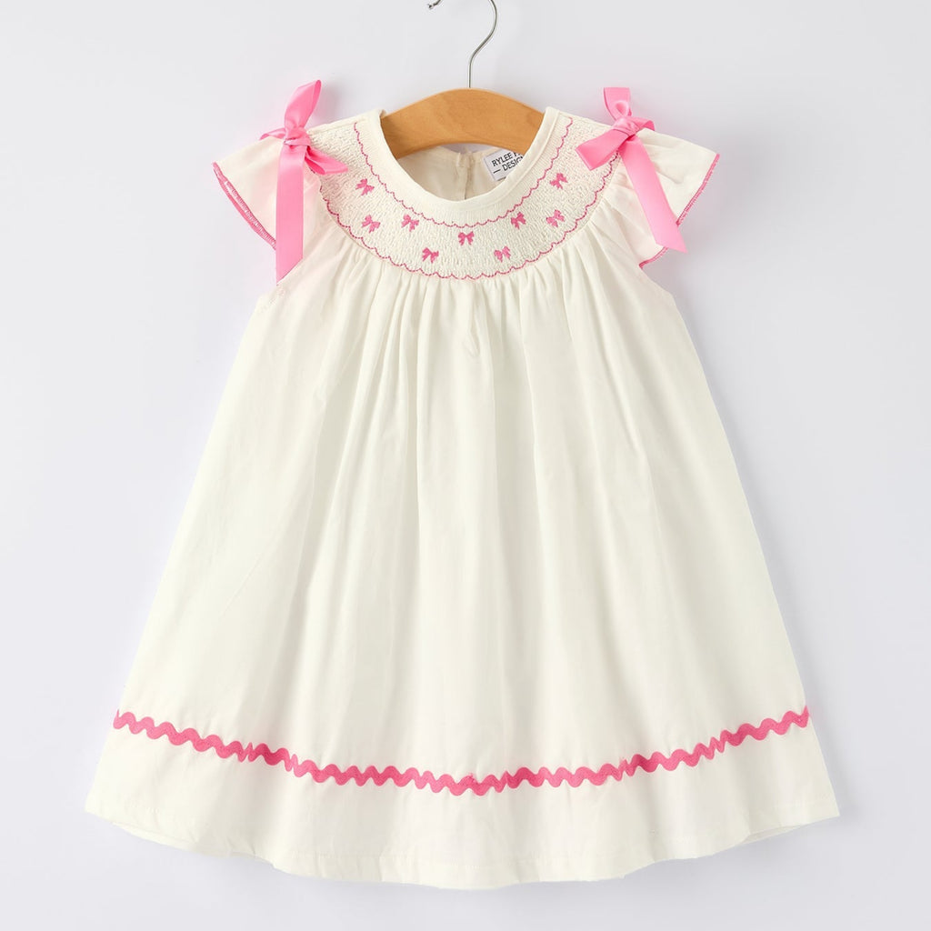 Girls White Dress with Pink Bow Embroidery - 100% Cotton Fall Dress