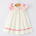 Girls White Dress with Pink Bow Embroidery - 100% Cotton Fall Dress