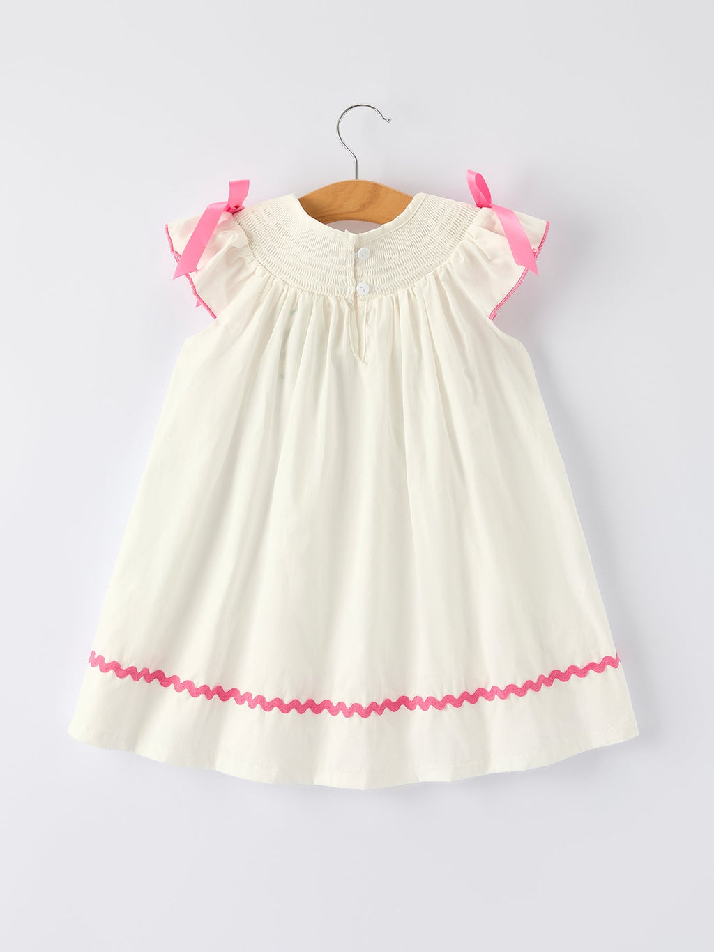 Girls White Dress with Pink Bow Embroidery - 100% Cotton Fall Dress