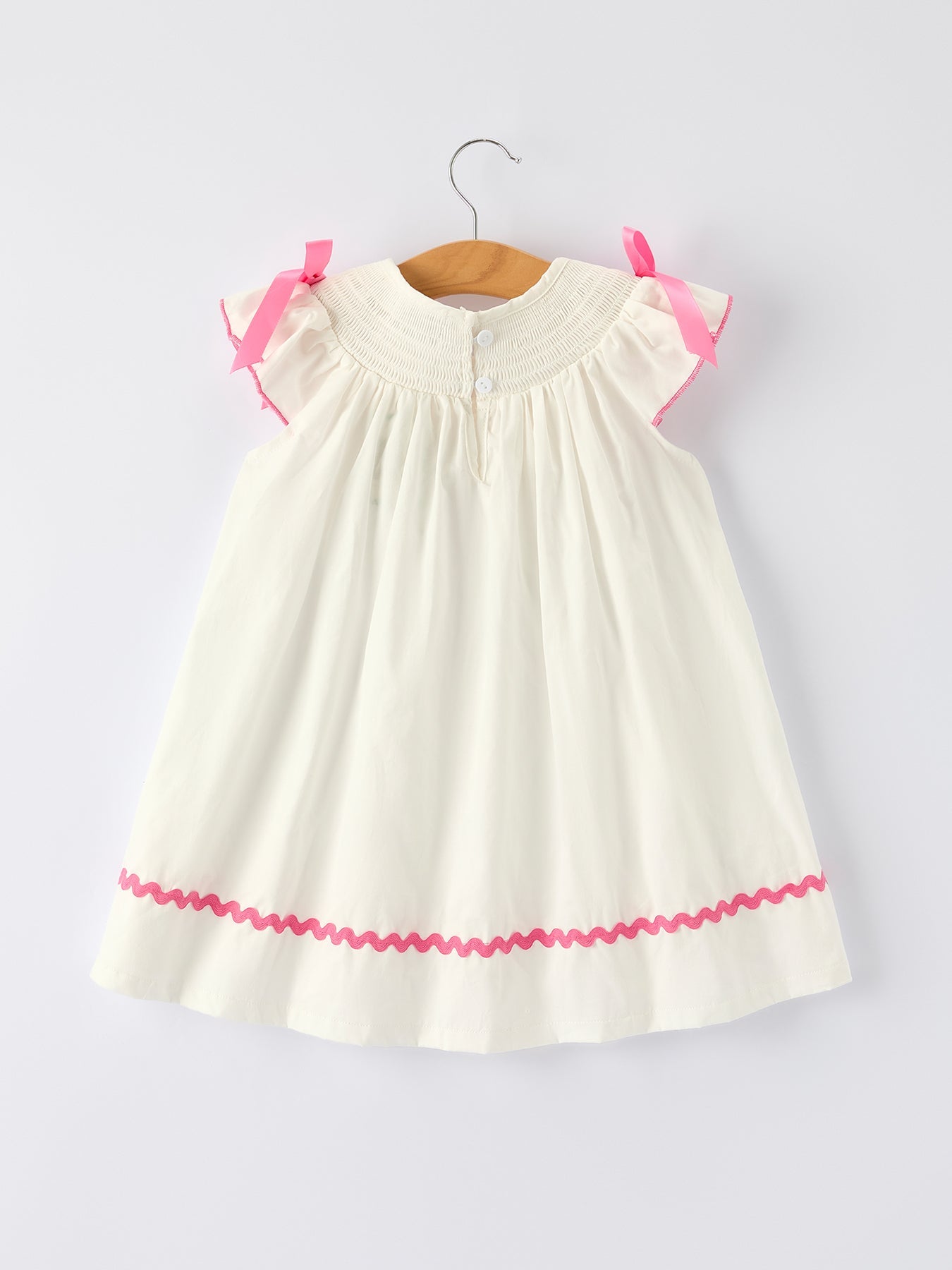 Girls White Dress with Pink Bow Embroidery - 100% Cotton Fall Dress