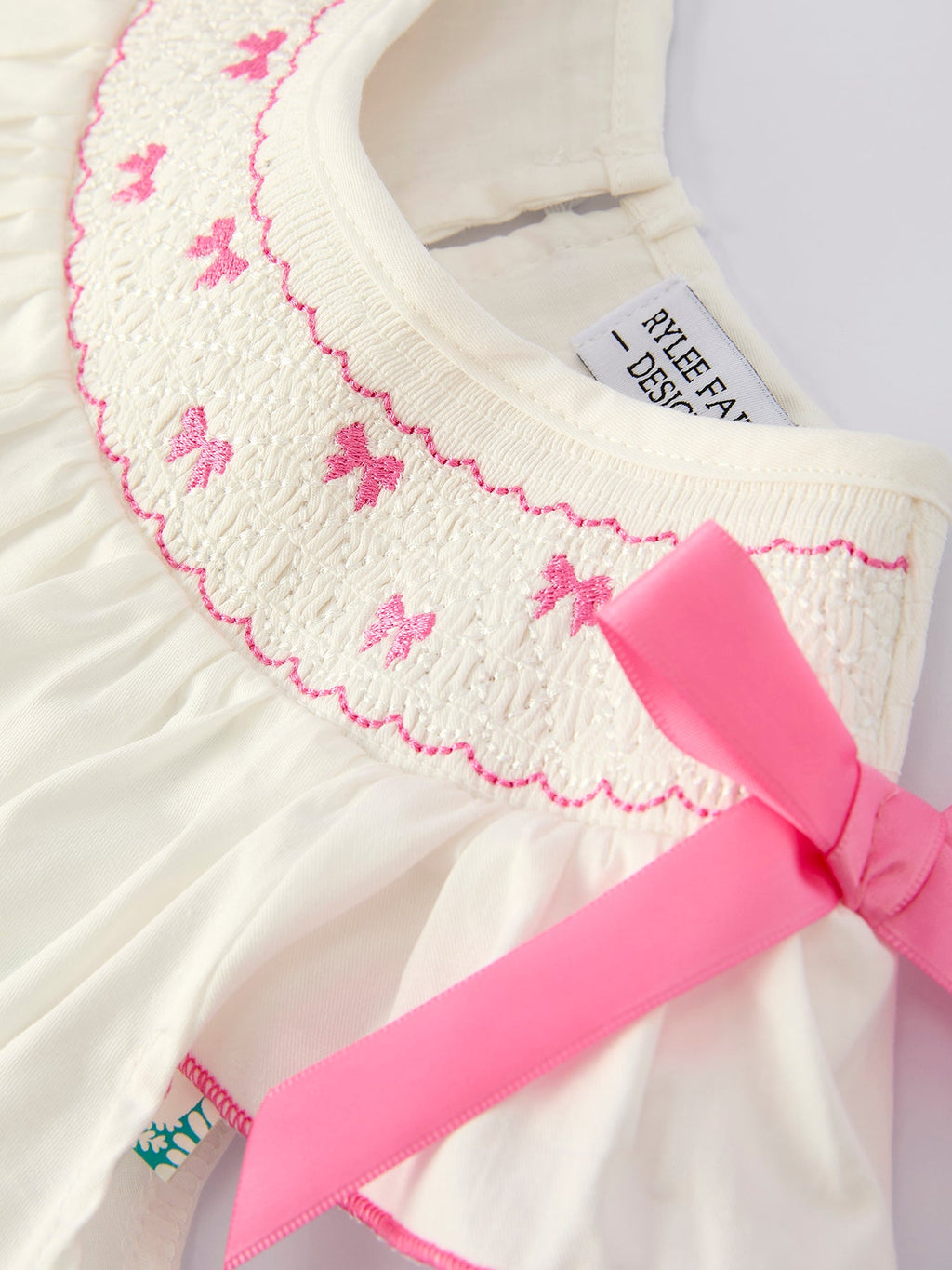 Girls White Dress with Pink Bow Embroidery - 100% Cotton Fall Dress