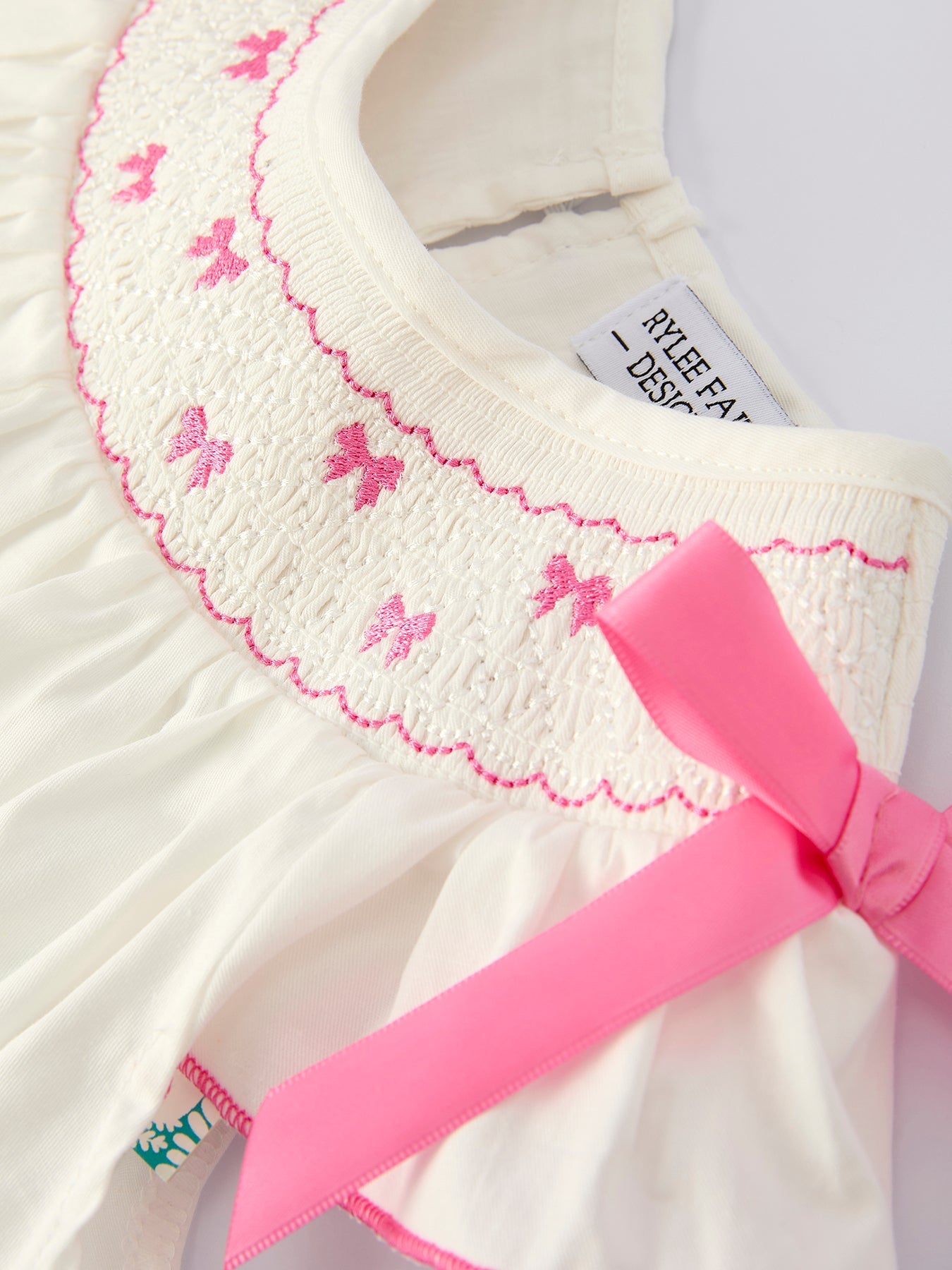 Girls White Dress with Pink Bow Embroidery - 100% Cotton Fall Dress