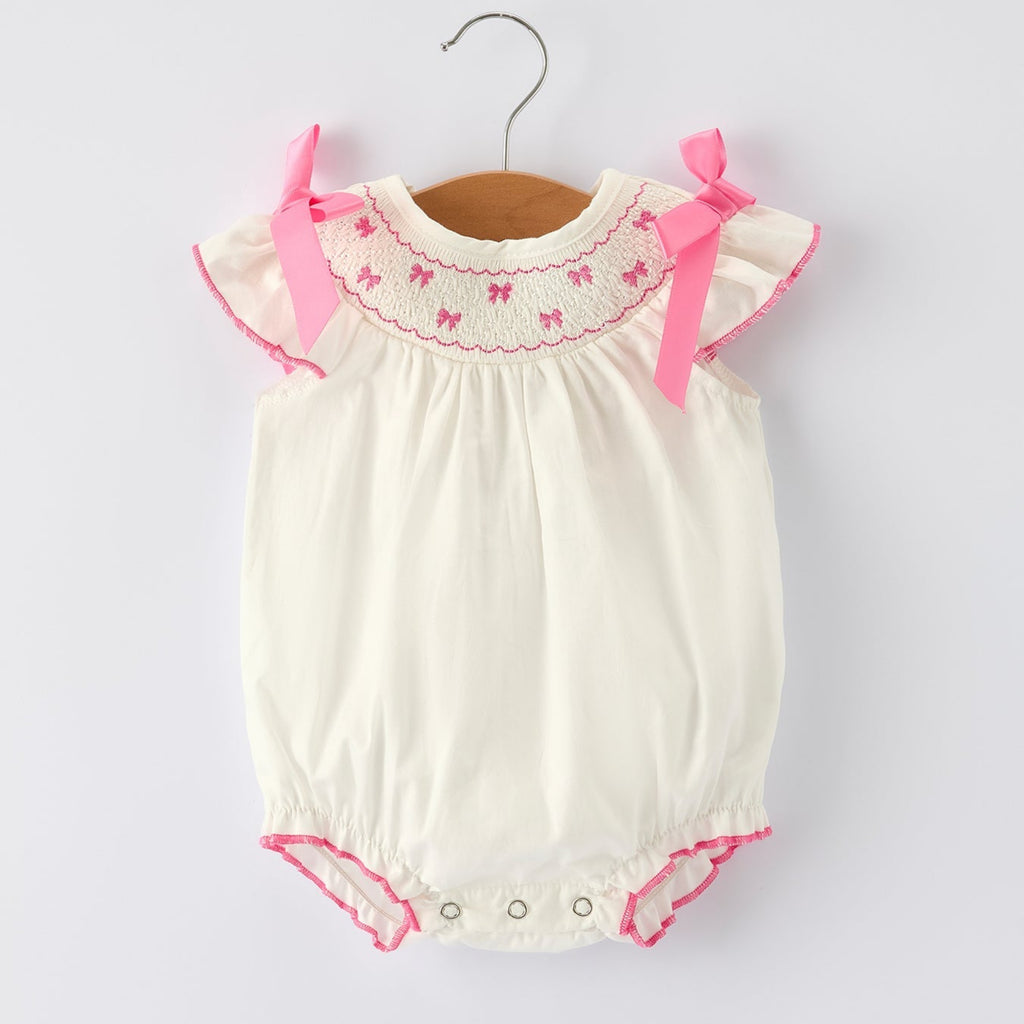 Baby Girls White Romper with Pink Bow Embroidery - 100% Cotton Fall Outfit