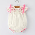 Baby Girls White Romper with Pink Bow Embroidery - 100% Cotton Fall Outfit