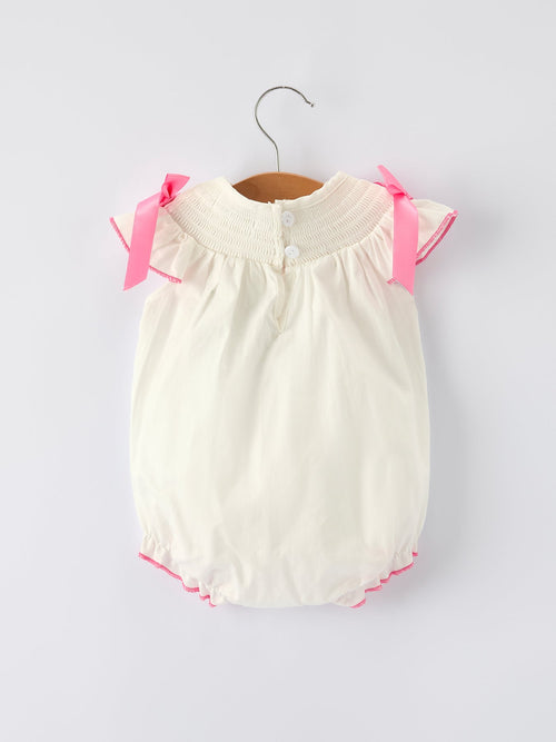 Baby Girls White Romper with Pink Bow Embroidery - 100% Cotton Fall Outfit