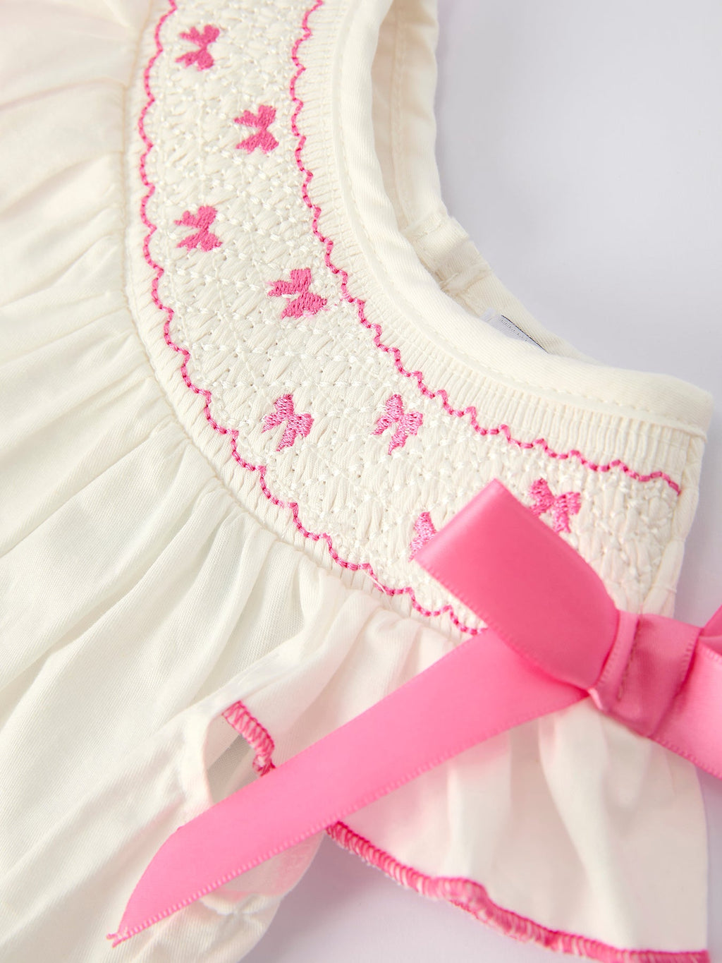 Baby Girls White Romper with Pink Bow Embroidery - 100% Cotton Fall Outfit