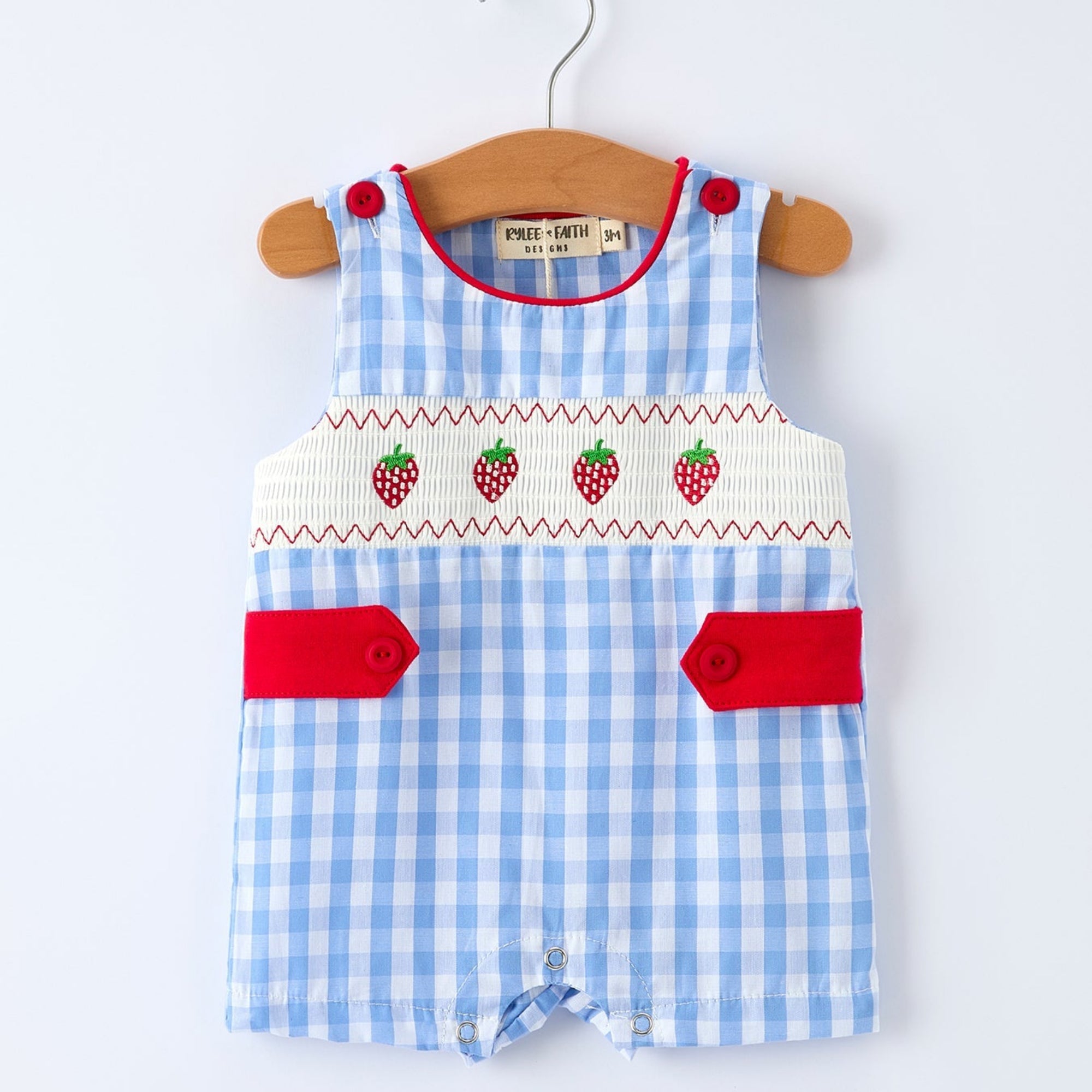 Baby Boys Summer Strawberry Smocked Romper - 100% Cotton Embroidered Outfit