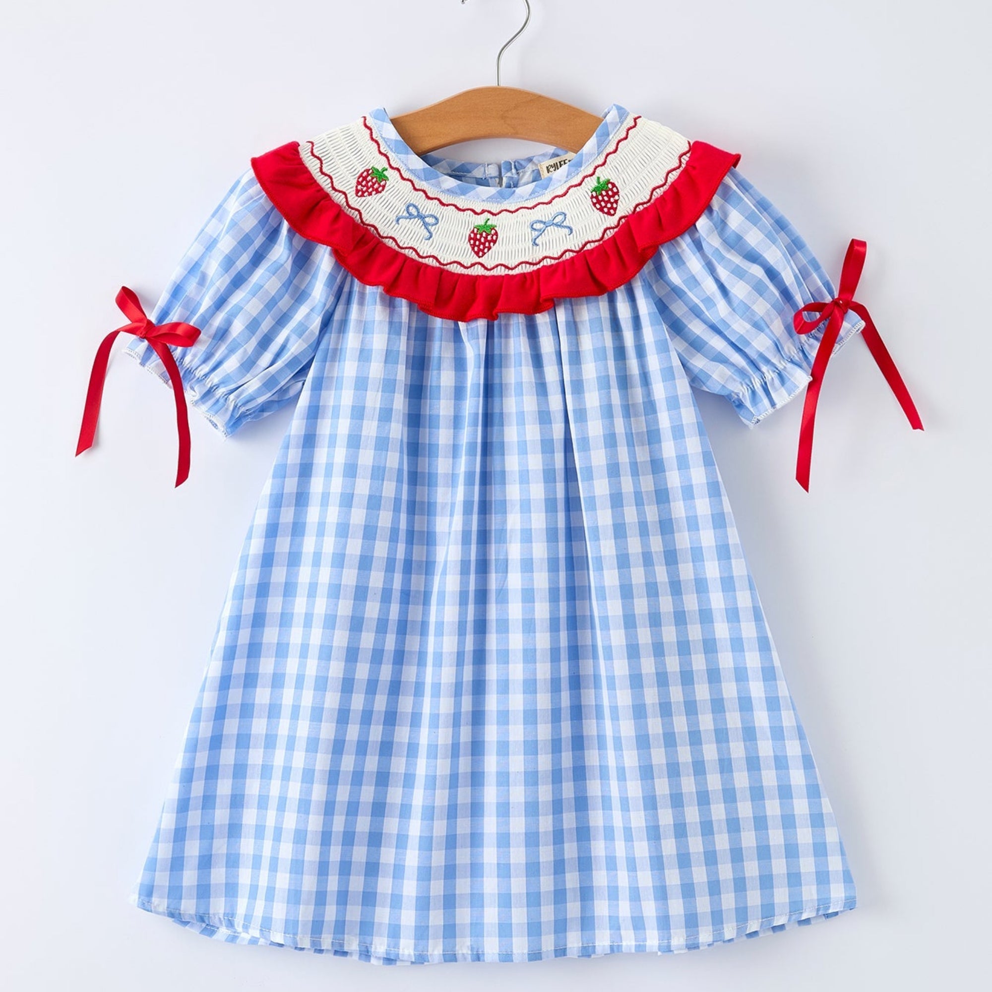 Girls Summer Strawberry & Bow Smocked Dress - 100% Cotton Embroidered Dress