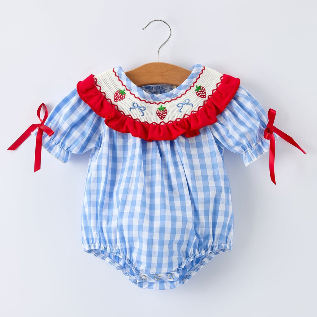 Baby Girls Summer Strawberry & Bow Smocked Romper - 100% Cotton