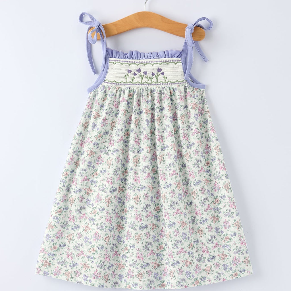 Girls Purple Floral Embroidered Smocked Dress with Bow - Spring Easter Dress