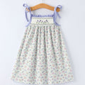 Girls Purple Floral Embroidered Smocked Dress with Bow - Spring Easter Dress