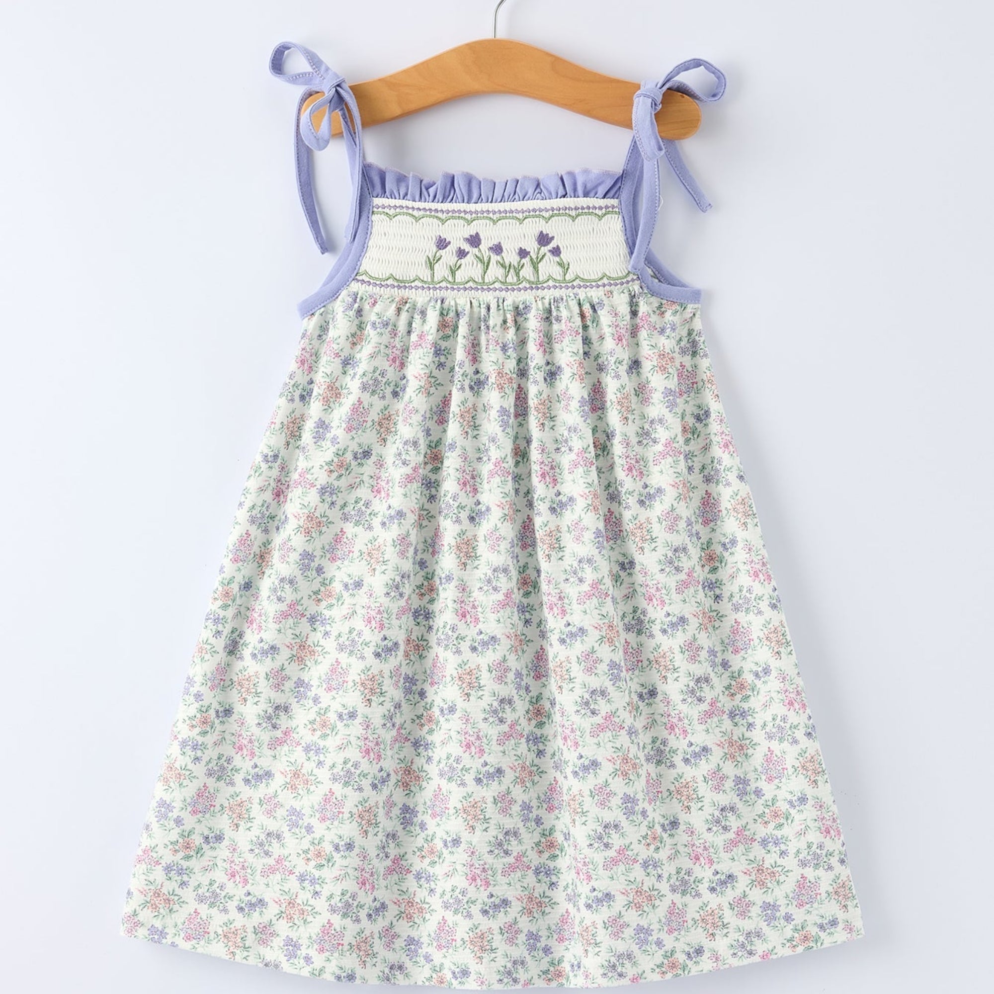 Girls Purple Floral Embroidered Smocked Dress with Bow - Spring Easter Dress