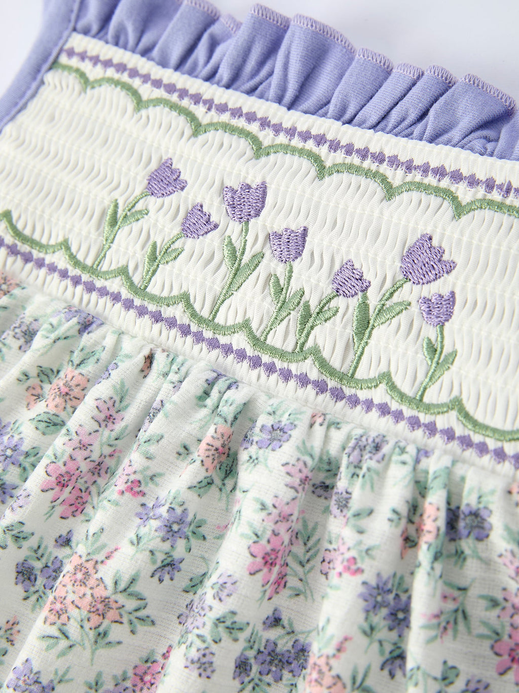 Girls Purple Floral Embroidered Smocked Dress with Bow - Spring Easter Dress