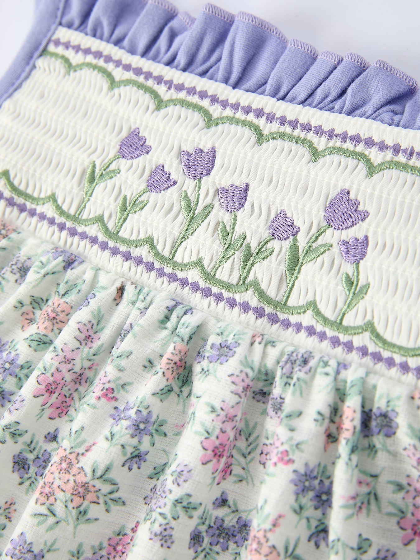 Girls Purple Floral Embroidered Smocked Dress with Bow - Spring Easter Dress