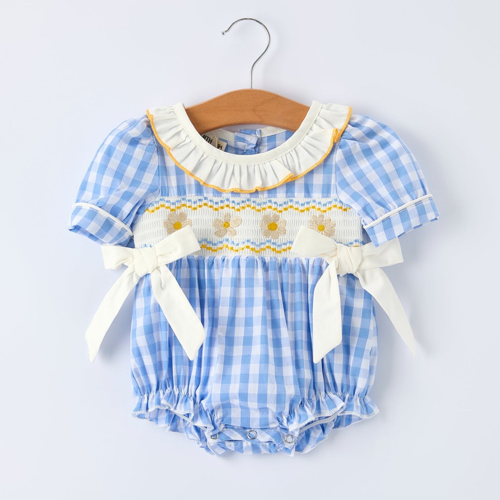 Baby Girls Spring Daisy Smocked Romper with Bow - 100% Cotton