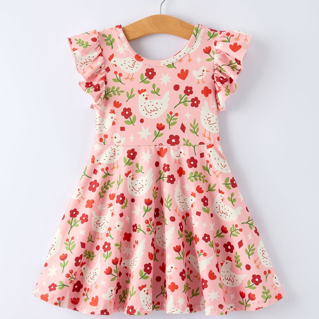 Girls Spring Chicken & Floral Farm Print Dress - Easter Dress